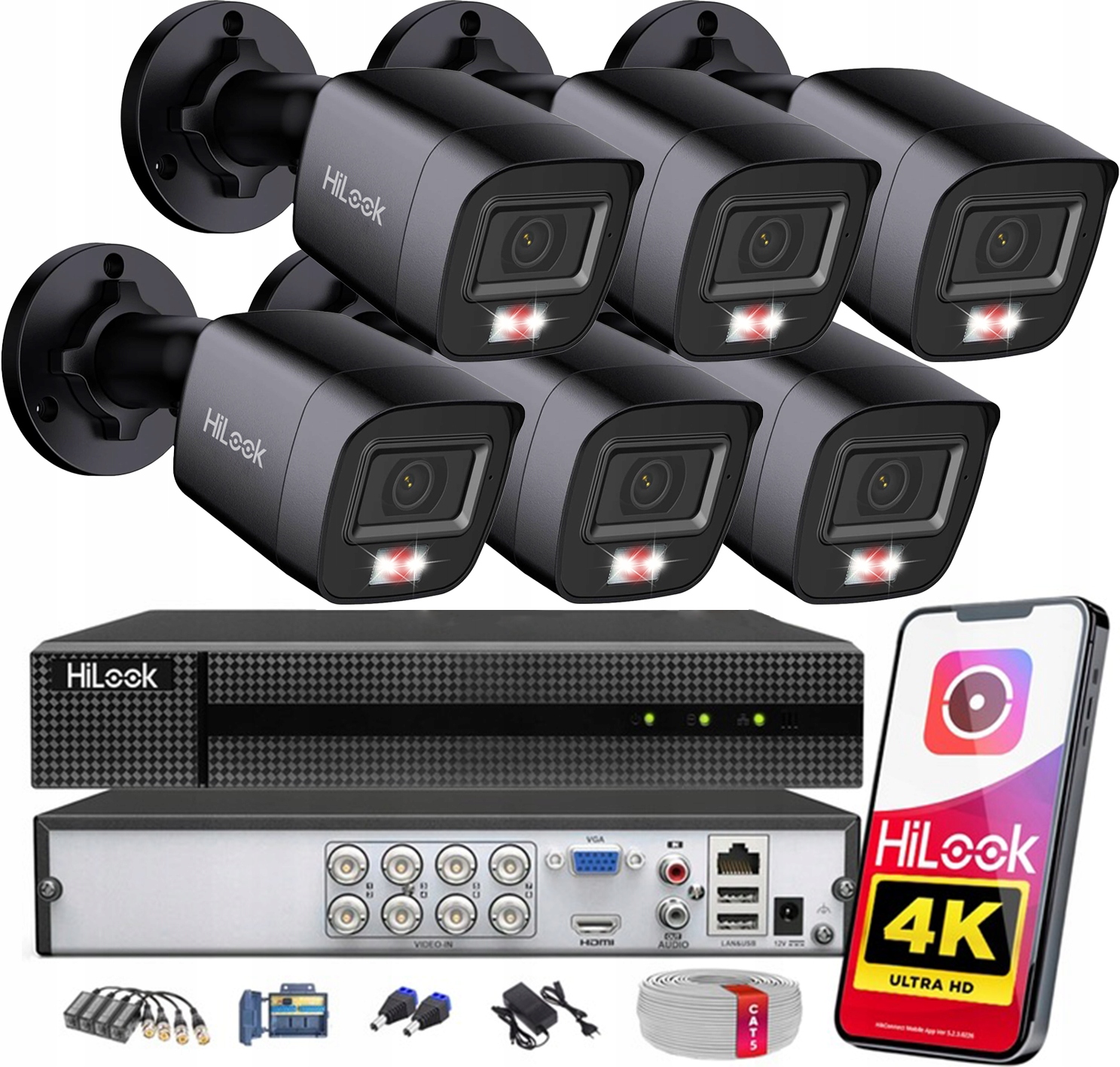 Vonkajšie monitorovanie 8MPx 4K HiLook od Hikvision 6 Kamer TurboHD Krútená dvojlinka