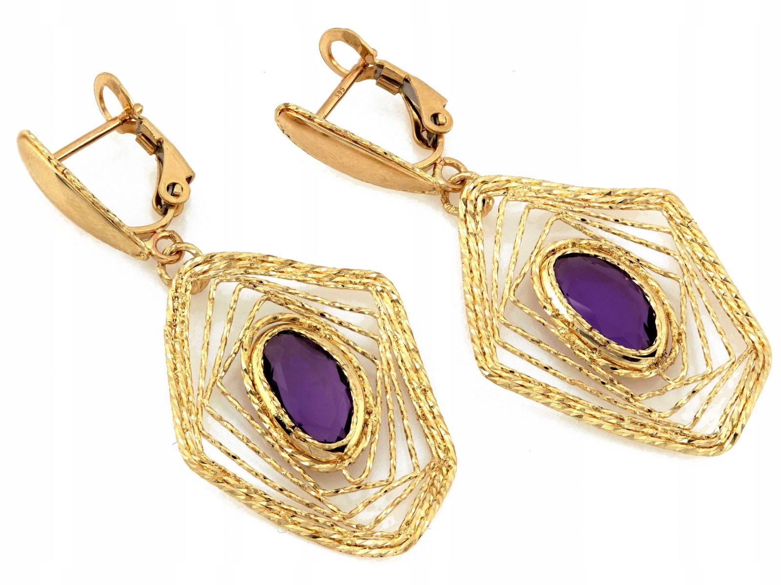 Efektní zlaté 585 náušnice s velkým fialovým kamenem ametystem 5.76g