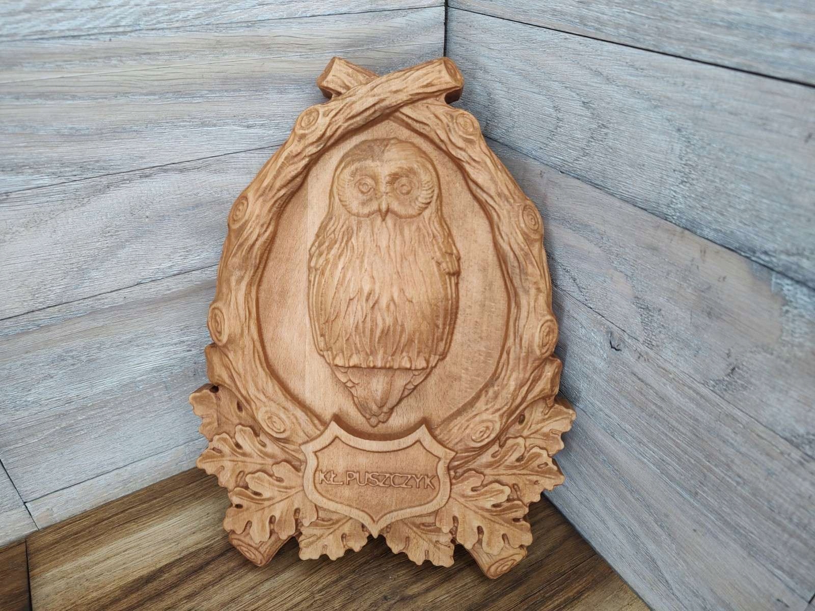 Obraz reliéf erb sova puštík příroda lovecký domek dřevo 30cm