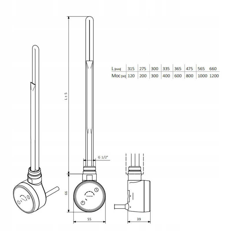 srebrna grzałka do grzejnika łazienkowego DRY 1000 Marka Terma