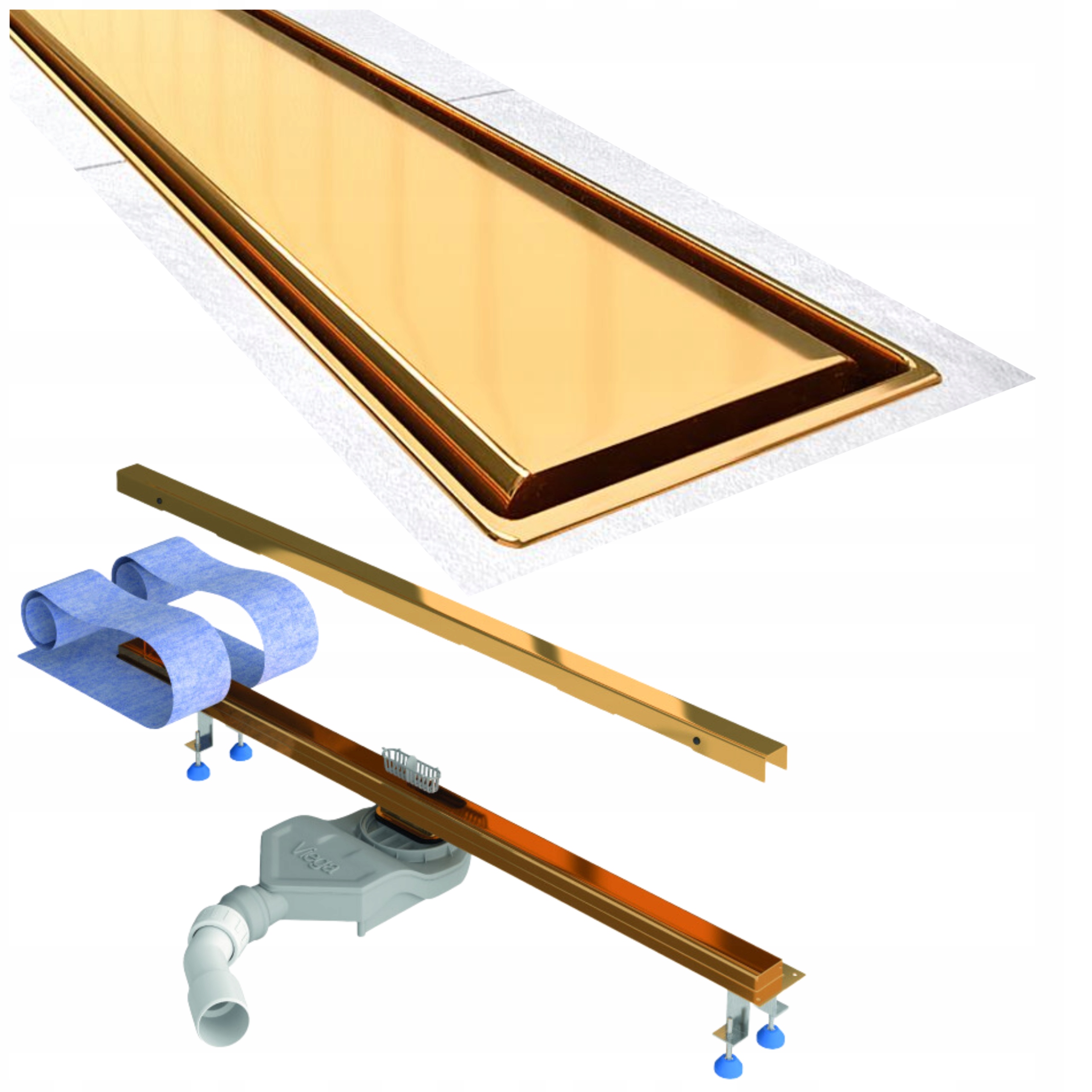 Liniový odtok 80 cm zlatý nízky sifón Viega kompletná sada Waterway Slim