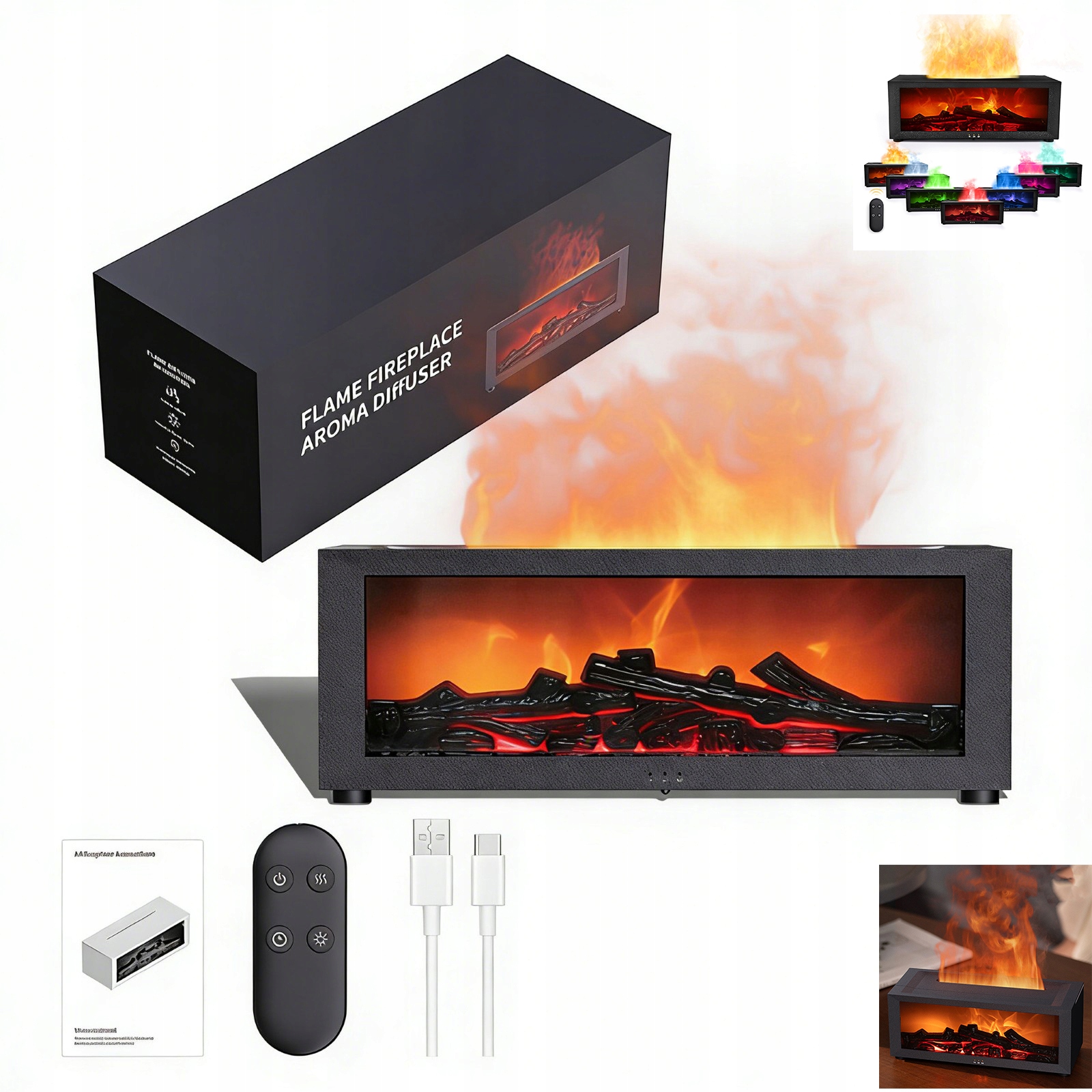 Nawilżacz powietrza Kominek Aroma Dyfuzor Lampa Nocna Led Timer+pilot Zdalnego Sterowania