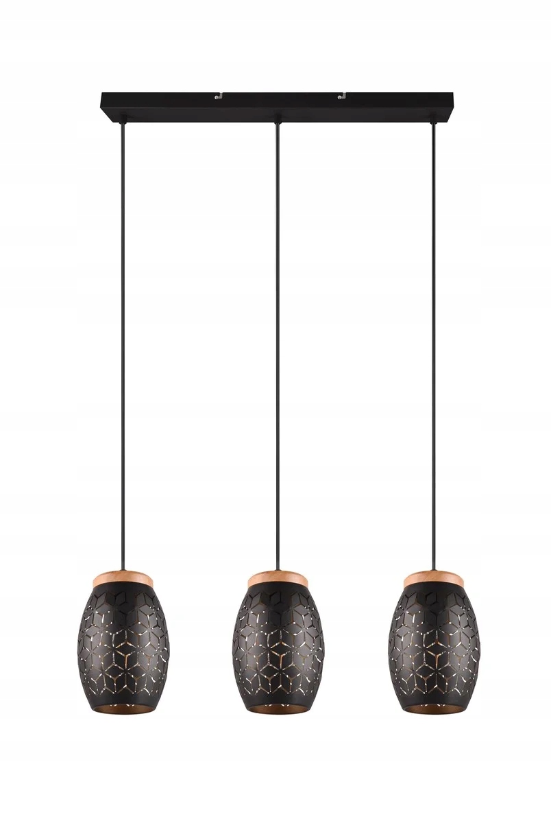 Závěsná lampa černá trojitá s dřevěným povrchem nad stůl 71 cm Rl