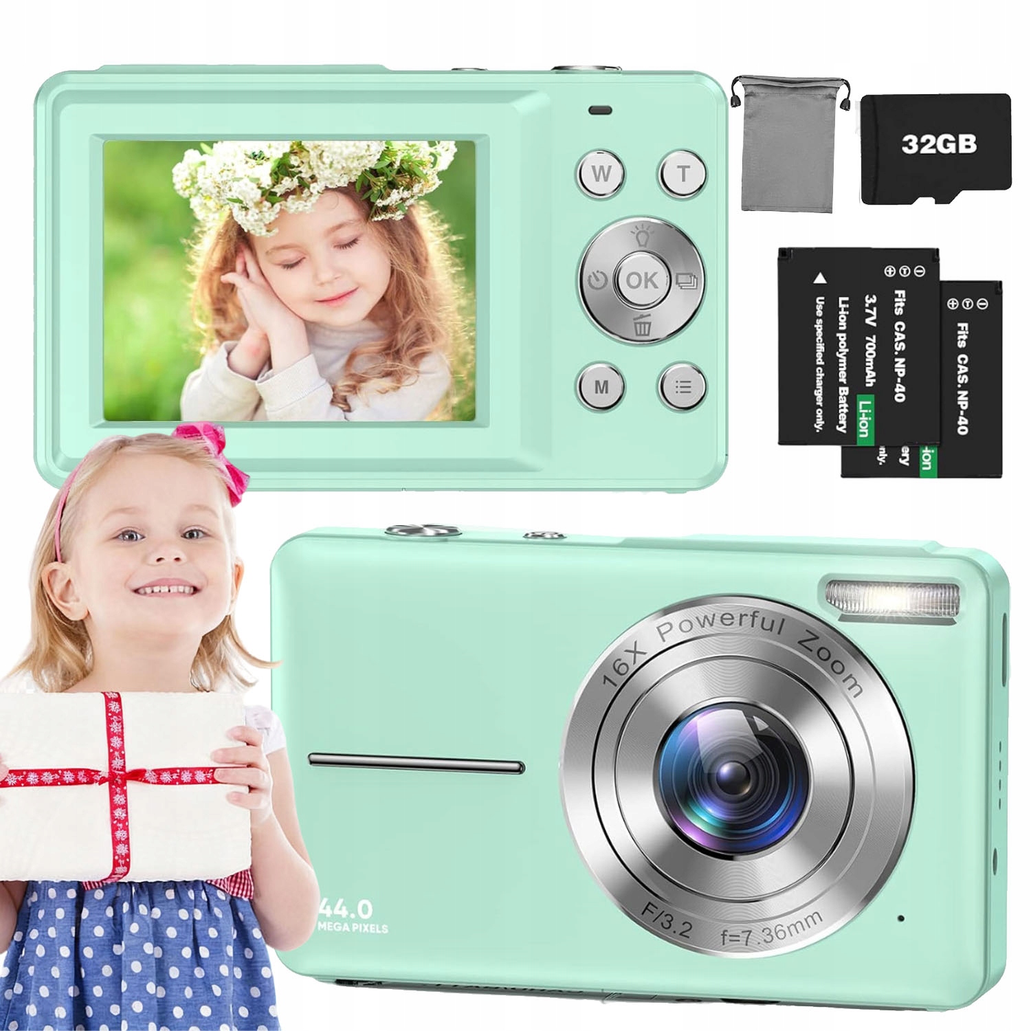 Digitální Fotoaparát V Retro Stylu 44MP 16x Zoom Karta 32GB Set 2.4'' Zelený