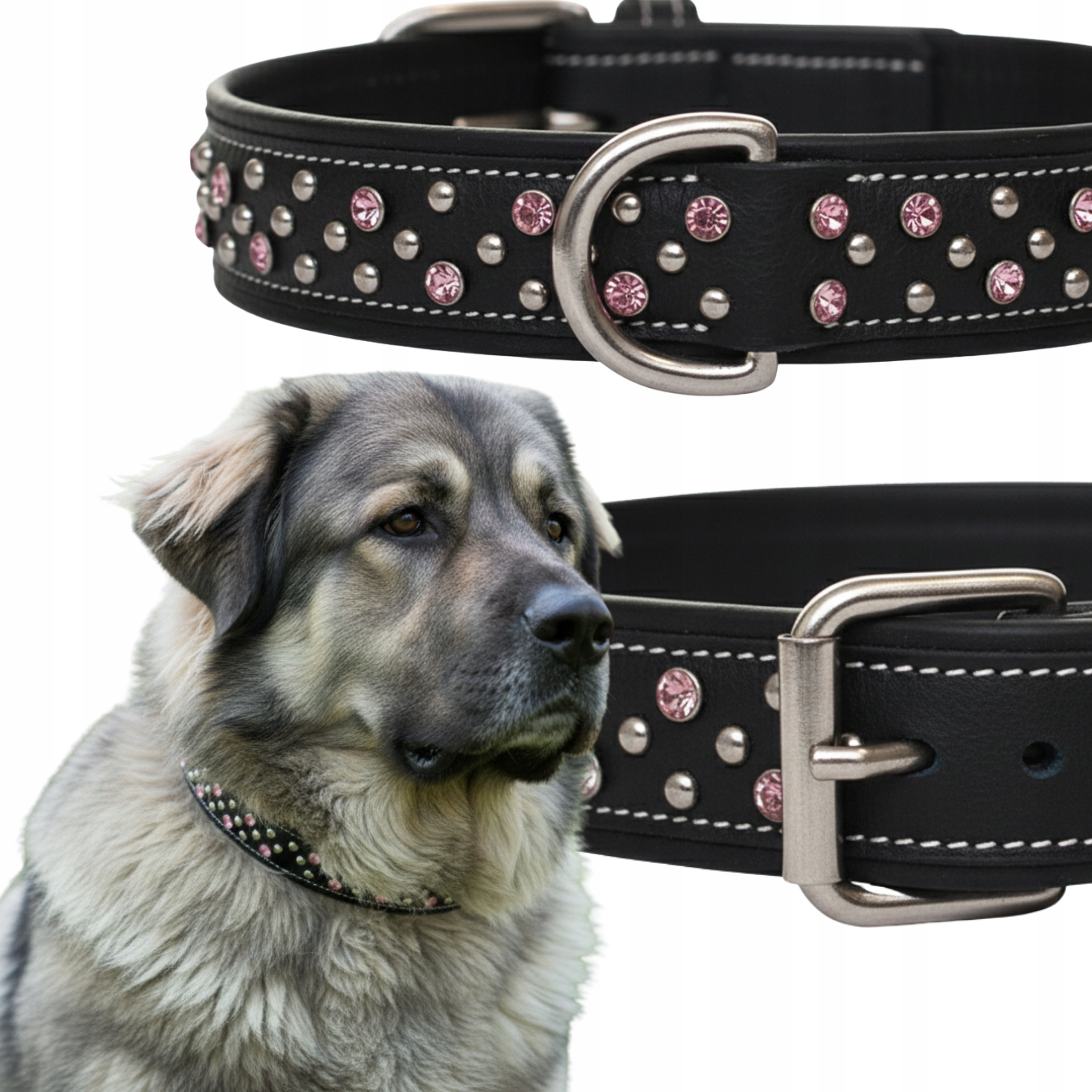 Levně Kožený obojek pro Velkého Psa XL Černý 3 cm Zirkony Růže Ručně šitý