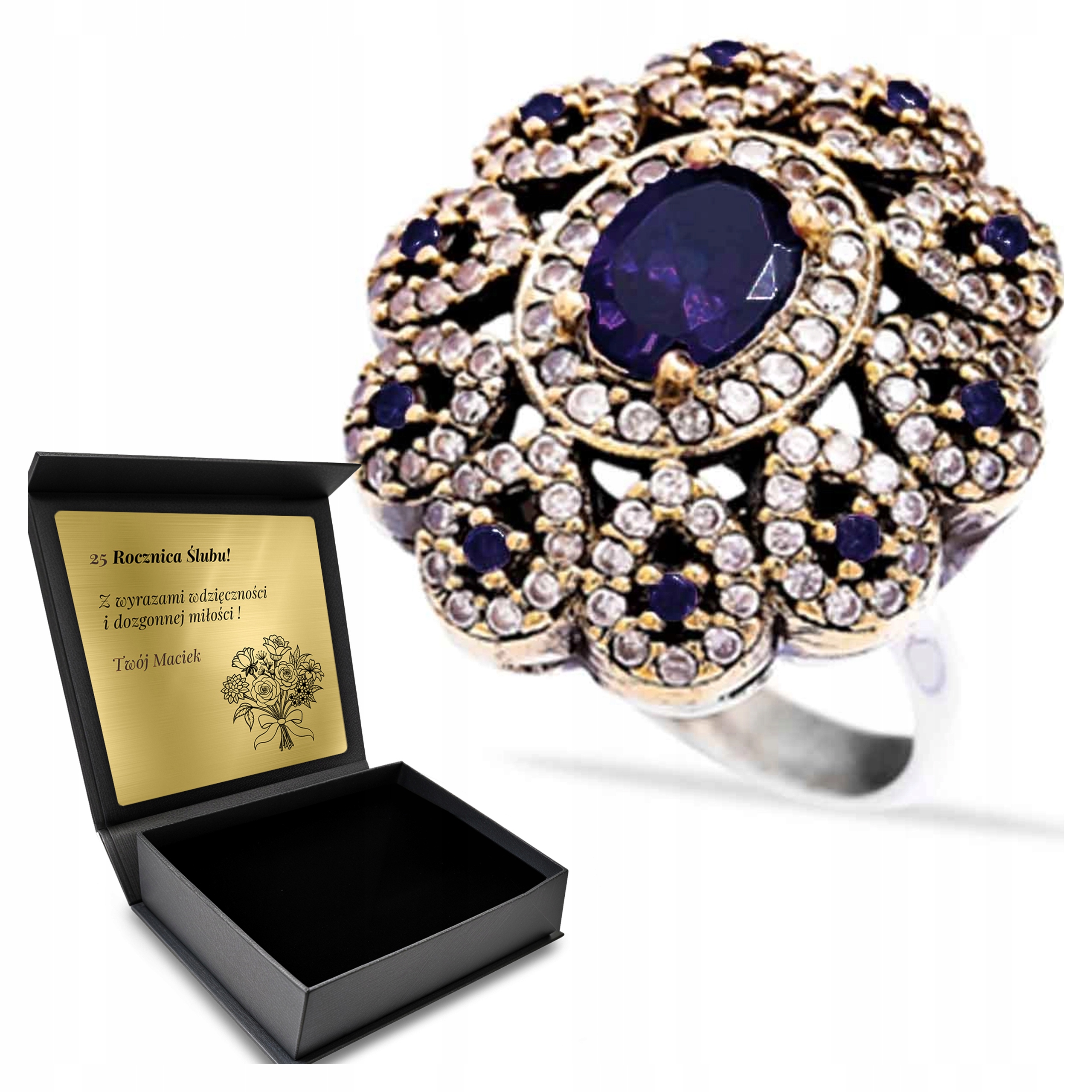 Prstýnek 925 Zirkony Safír Dárek Na Valentýna Gravírování Bonus