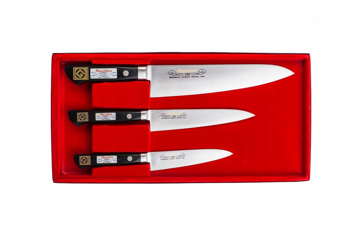 Sada 3 japonských nožov Masahiro MV 21+15+12 cm MBS-26 pakkawood Seki
