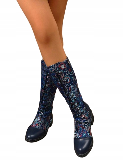 Shein Kovbojské Boty Dámské Kozačky S Tmavě Modrým Květinovým Vzorem EUR40 1KE