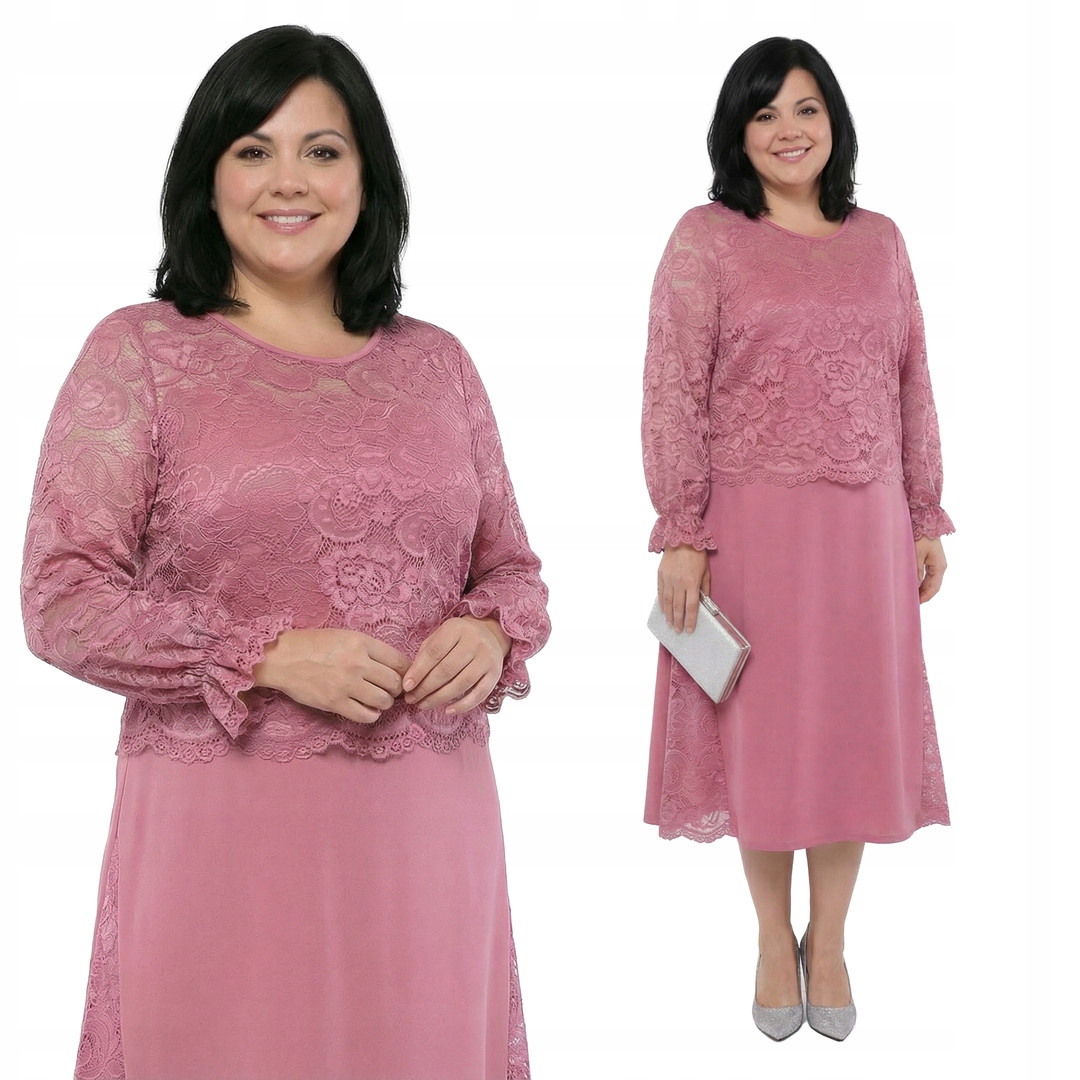 Růžová šaty s krajkovými rukávy a velikostí, velikost 58