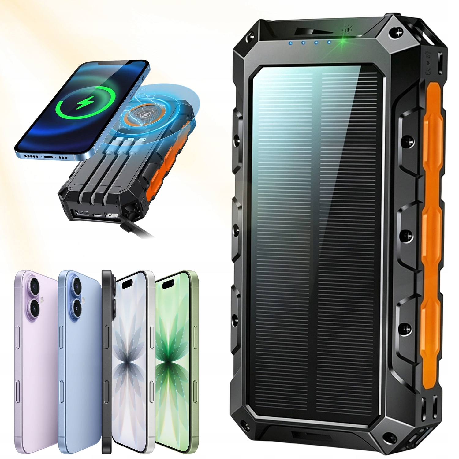 Power Bank Solarny 27000 mAh z wbudowaną Ładowarką Solarną15W Latarka Usb