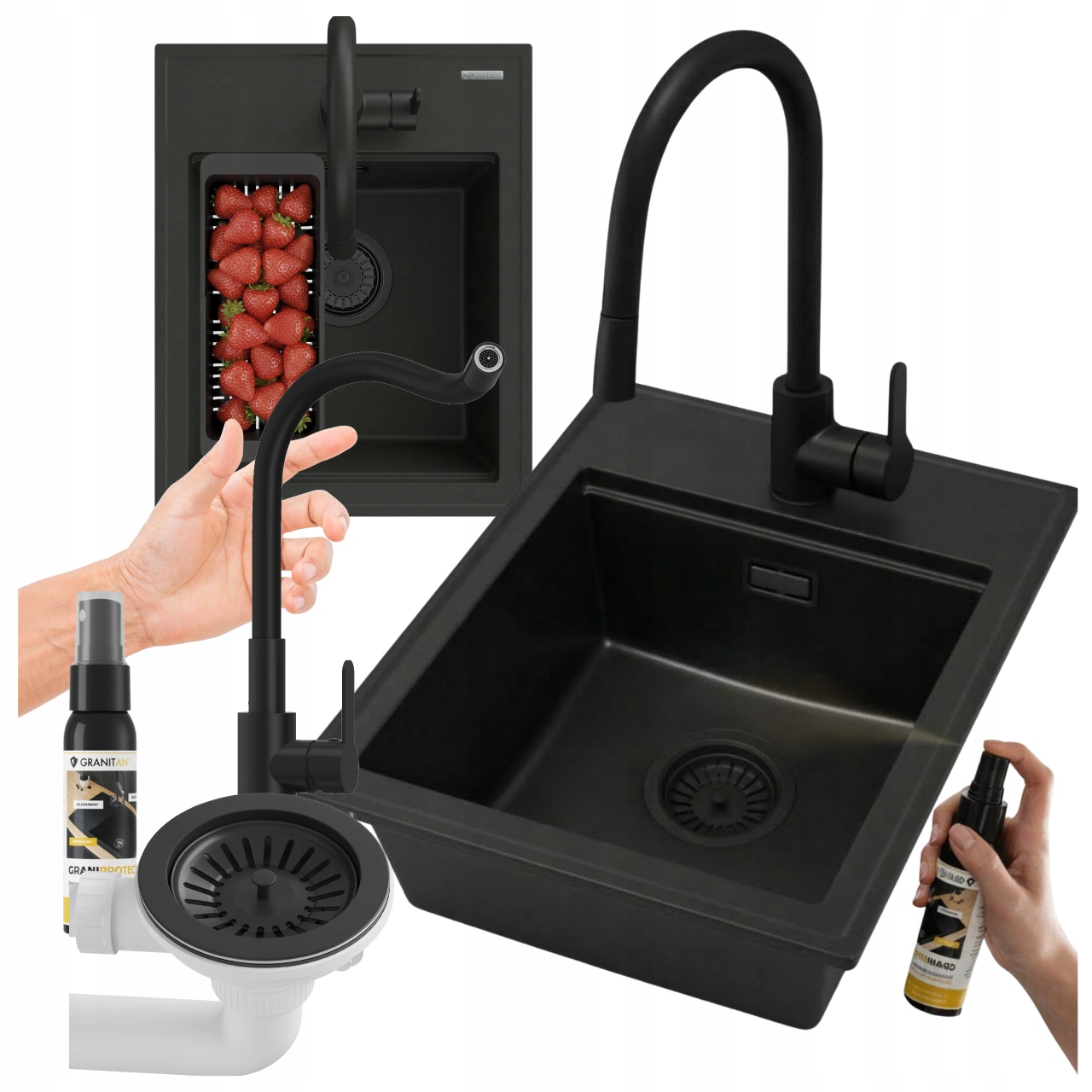 Granitový dřez Jednokomorový Černý Sada Dřez Baterie Sifon Alor