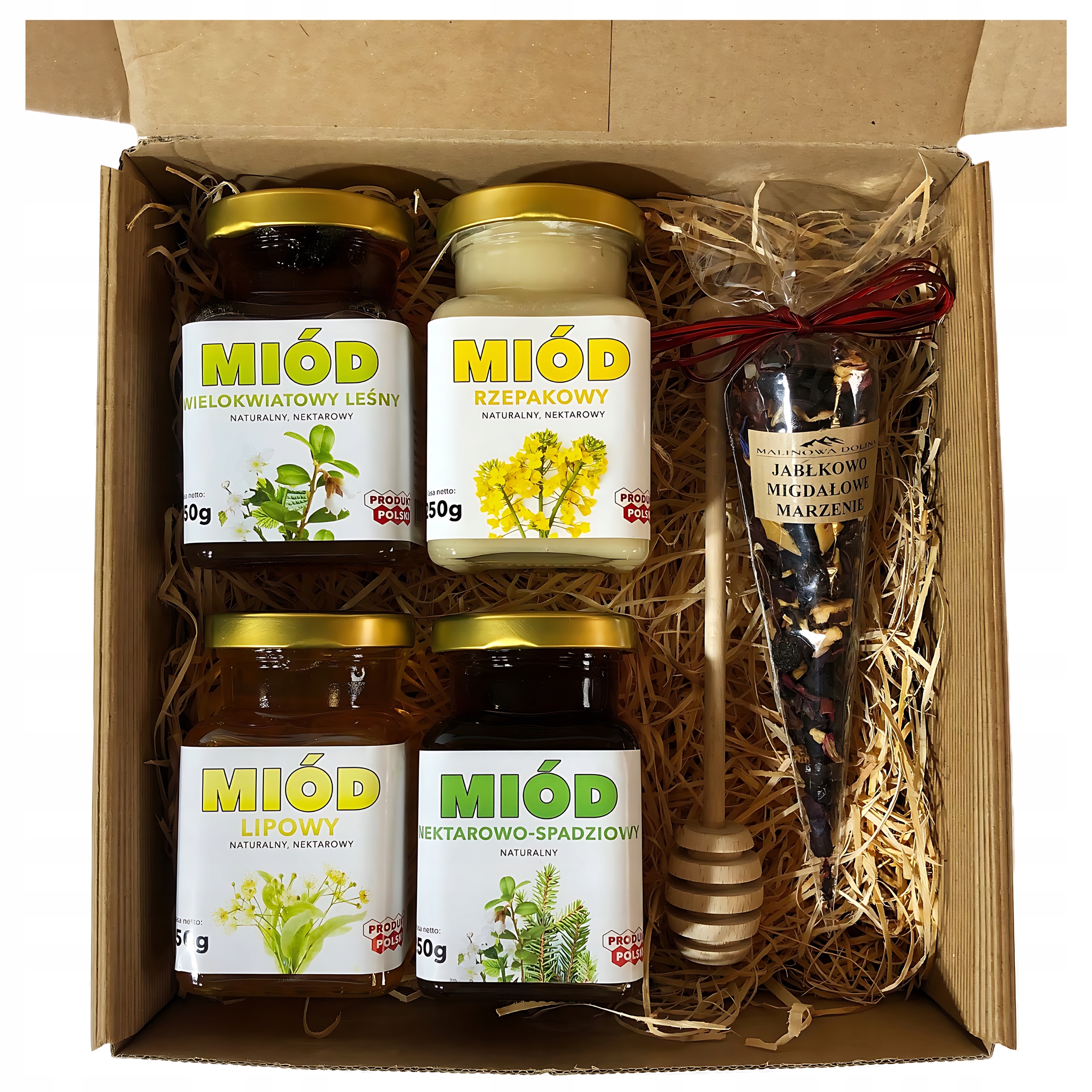 Levně Dárek k narozeninám Sada 4 medů Čaj Karton Med Den Prarodičů