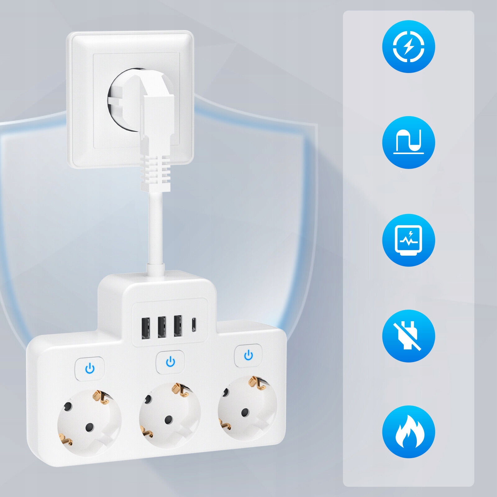 LISTWA ZASILAJĄCA ŚCIENNA Z WYŁĄCZNIKAMI WIELOKROTNE GNIAZDO USB, 3 GNIAZDA Stan opakowania oryginalne