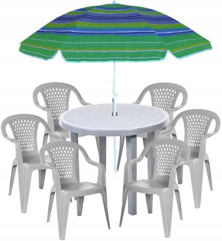 Zestaw Plastikowy Meble Ogrodowe Do Ogrodu 6+1 Krzesła Stół Parasol Szary