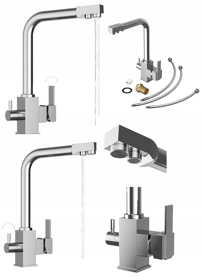 Chrómová kuchynská trojcestná batéria pre vodný filter, kohútik Node, výtokový filter