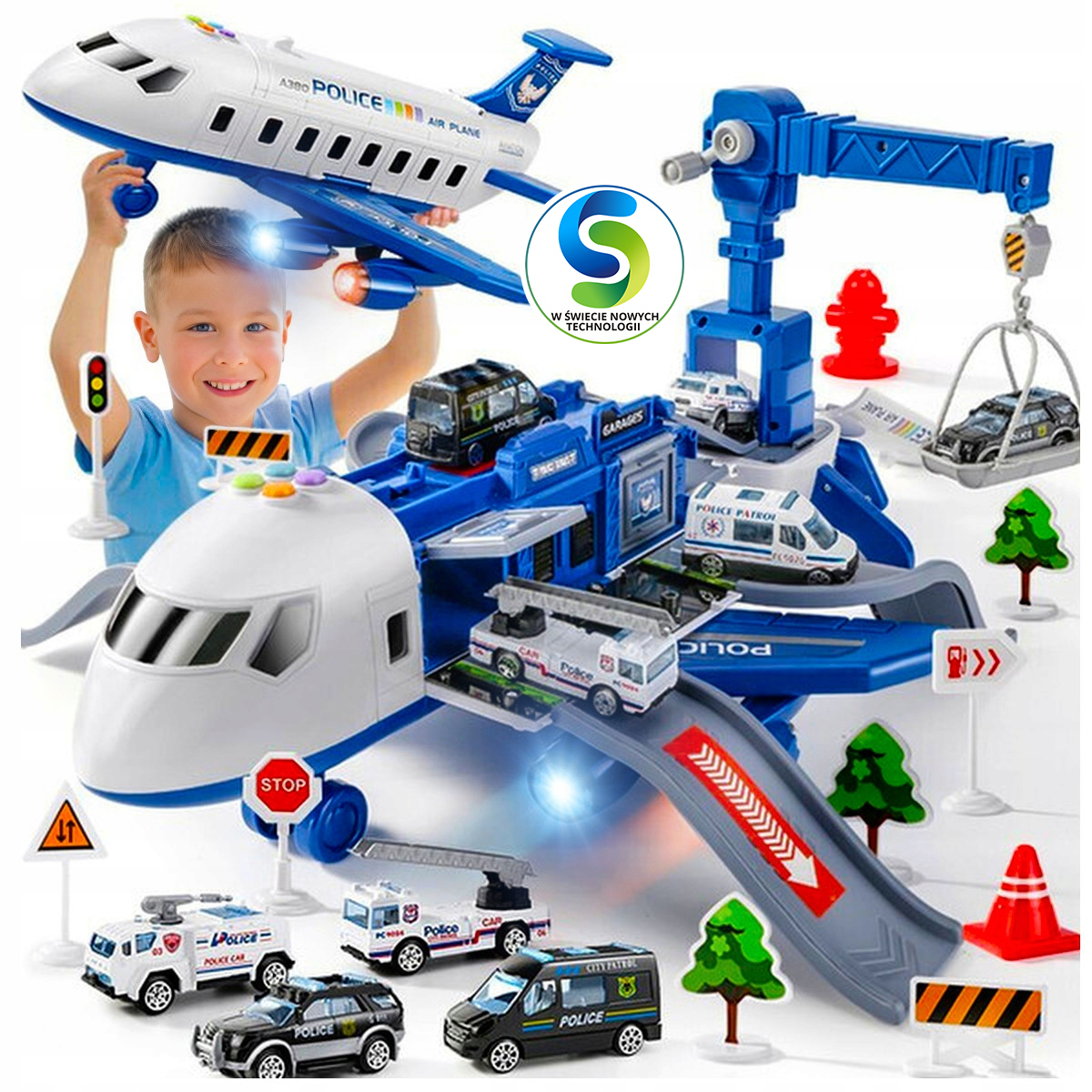 DUŻY Samolot rozkładany 65cm Parking Ruchomy Dźwig Policja LED Dźwięk +Logo