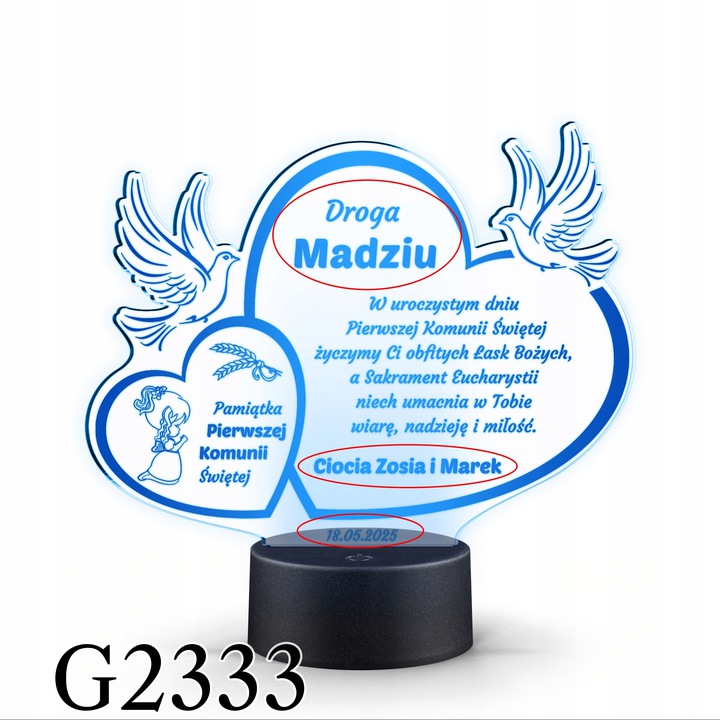 Lampka Pamiątka Pierwszej Komunia 16k. LED PLEXIDO Zasilanie bateryjne sieciowe
