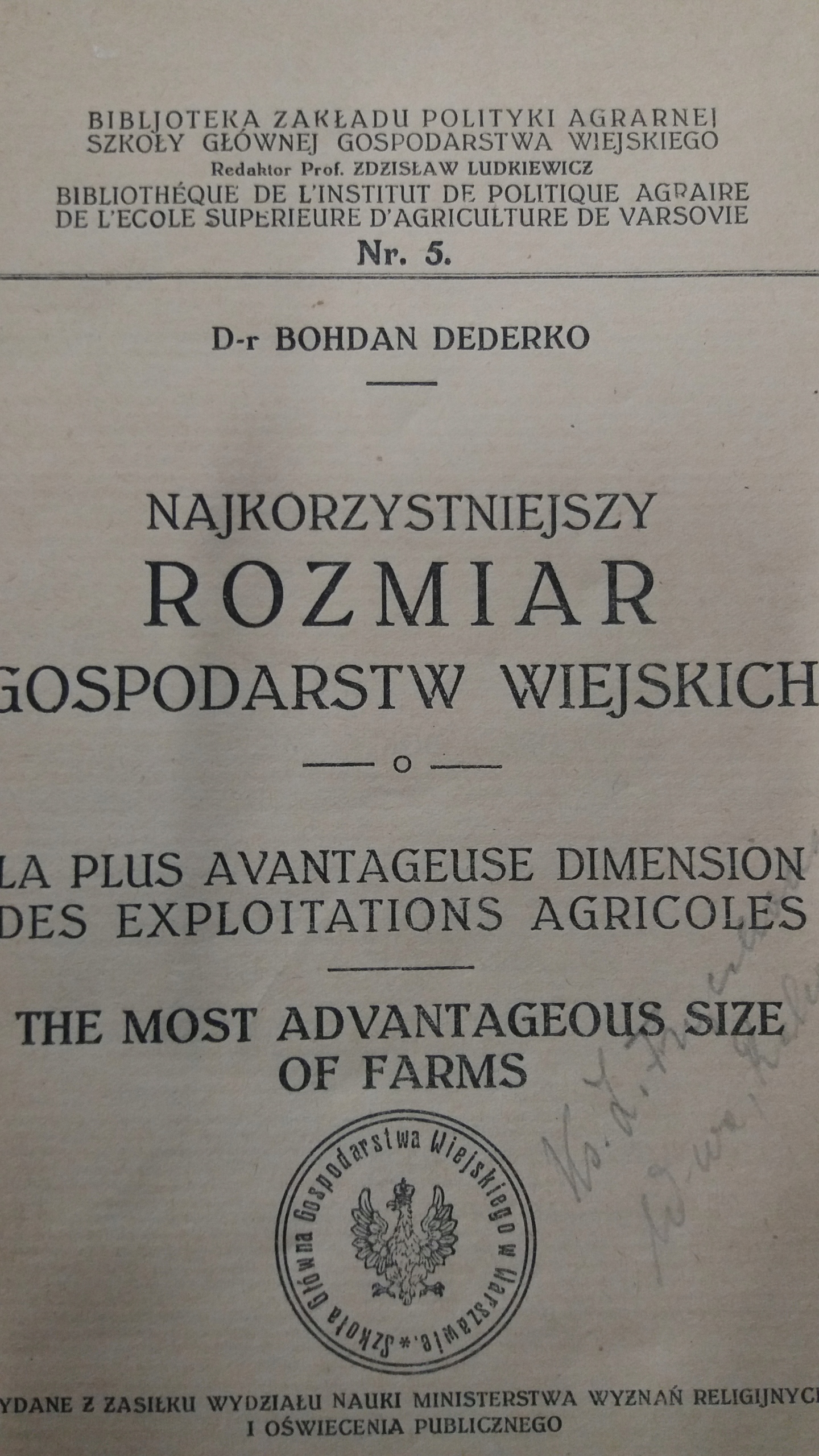 Dederko NAJKORZYSTNIEJSZY ROZMIAR GOSPODARSTW WIEJSKICH 1925