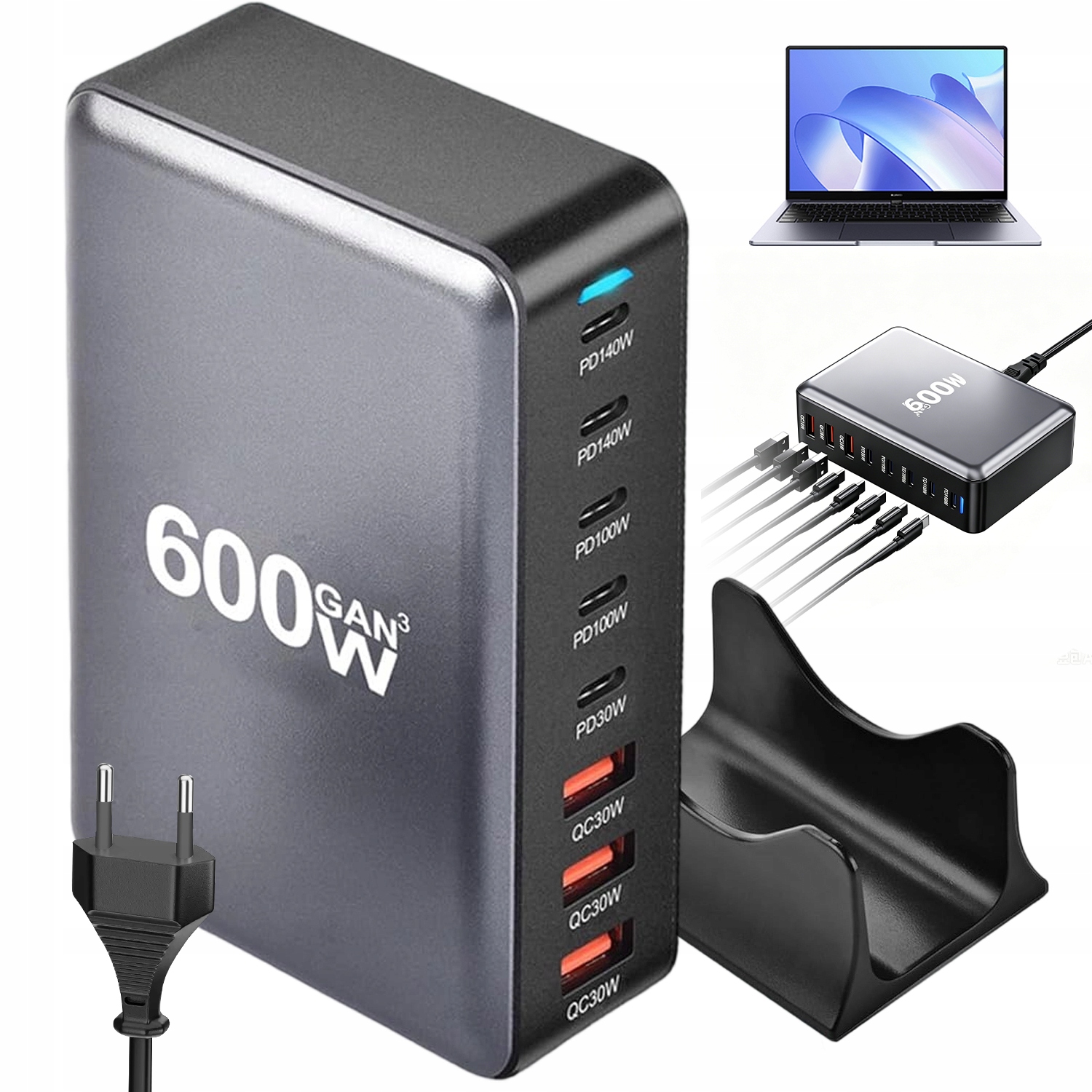 Stacja Ładująca Gan 120W Szybka Ładowarka 8W1 5X Usb-c Ładowanie 8 Urządzeń