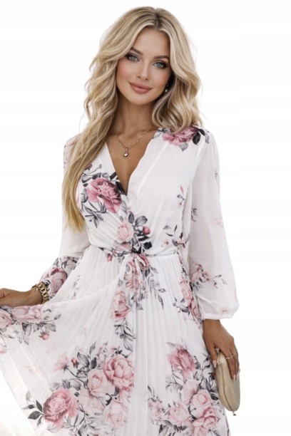 Sukienka Szyfonowa Sukienka Plisowana Kwiaty Zwiewna Pasek Luźna Modna 252