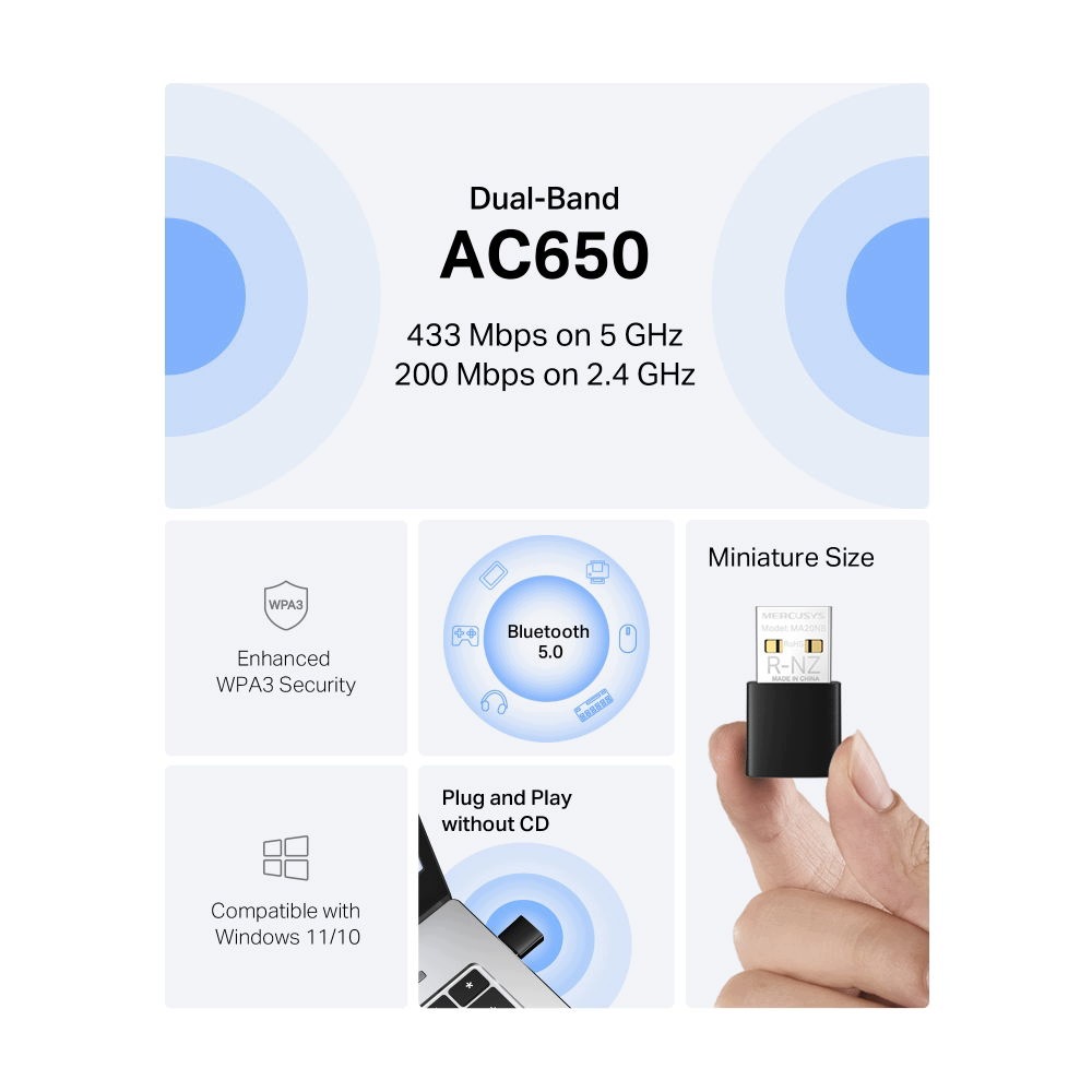 Mercusys MA20NB AC650 Nano WiFi Bt Usb Adapter