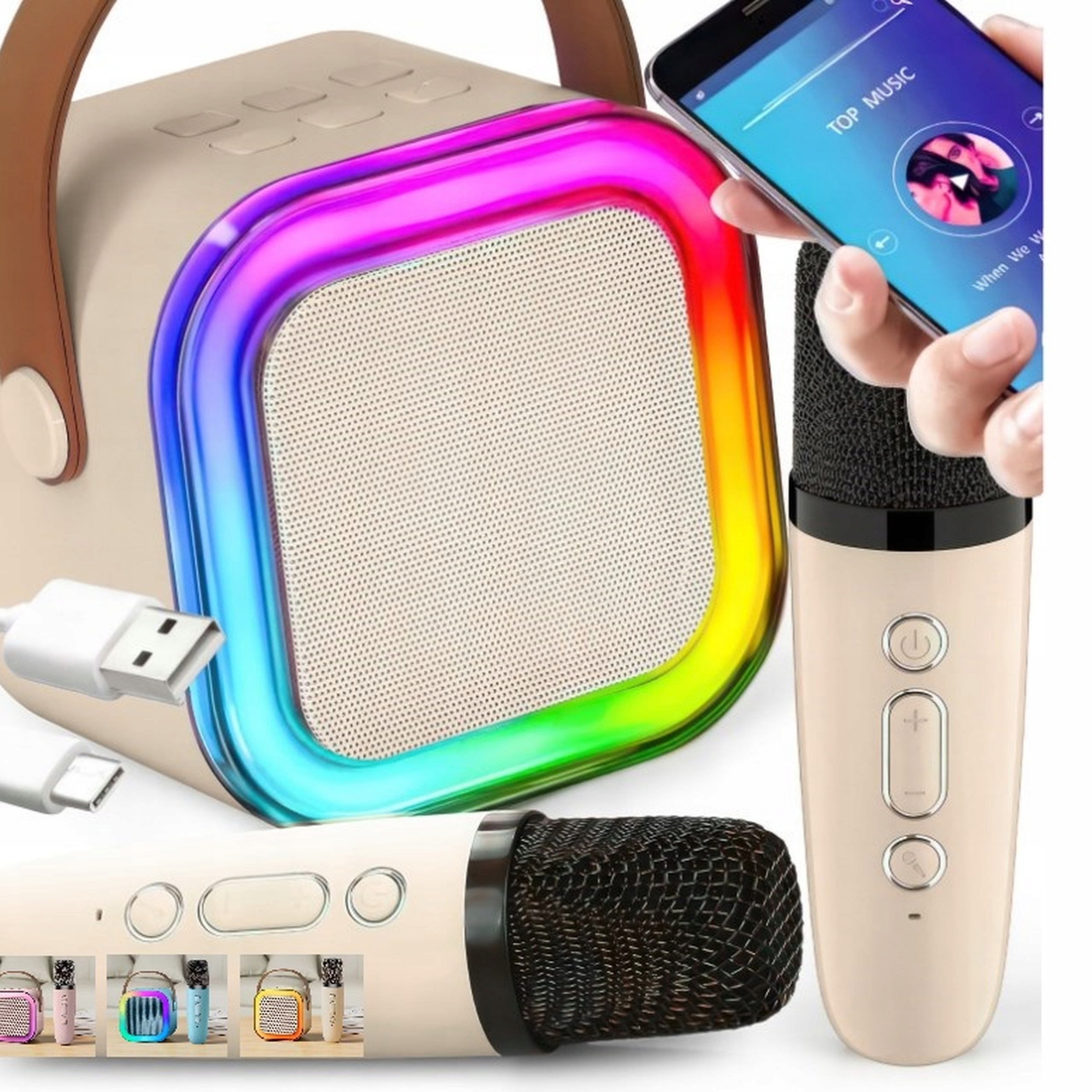 Przenośny głośnik karaoke Rgb z 2 mikrofonami, Usb, Type C, Sd, Bluetooth