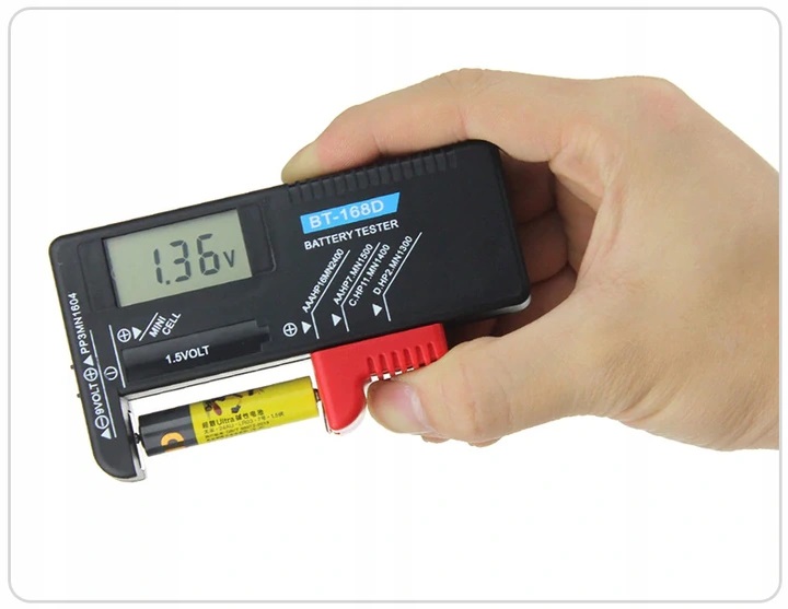 MIERNIK TESTER POJEMNOŚCI BATERII AKUMULATORÓW Kod producenta POMIAR AA R6 AAA R3 9V R9 R14 R20 CR