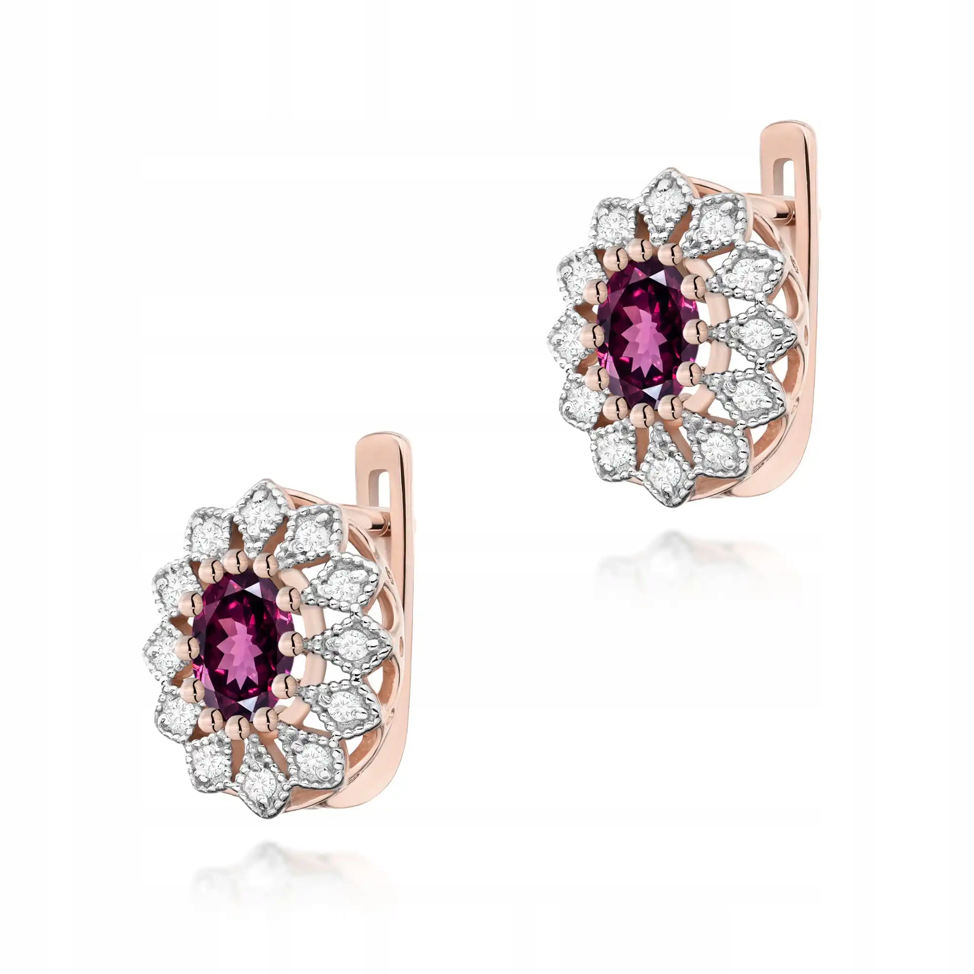 Zlaté náušnice 585 s rodolitem a diamanty, elegantní růžové zlato