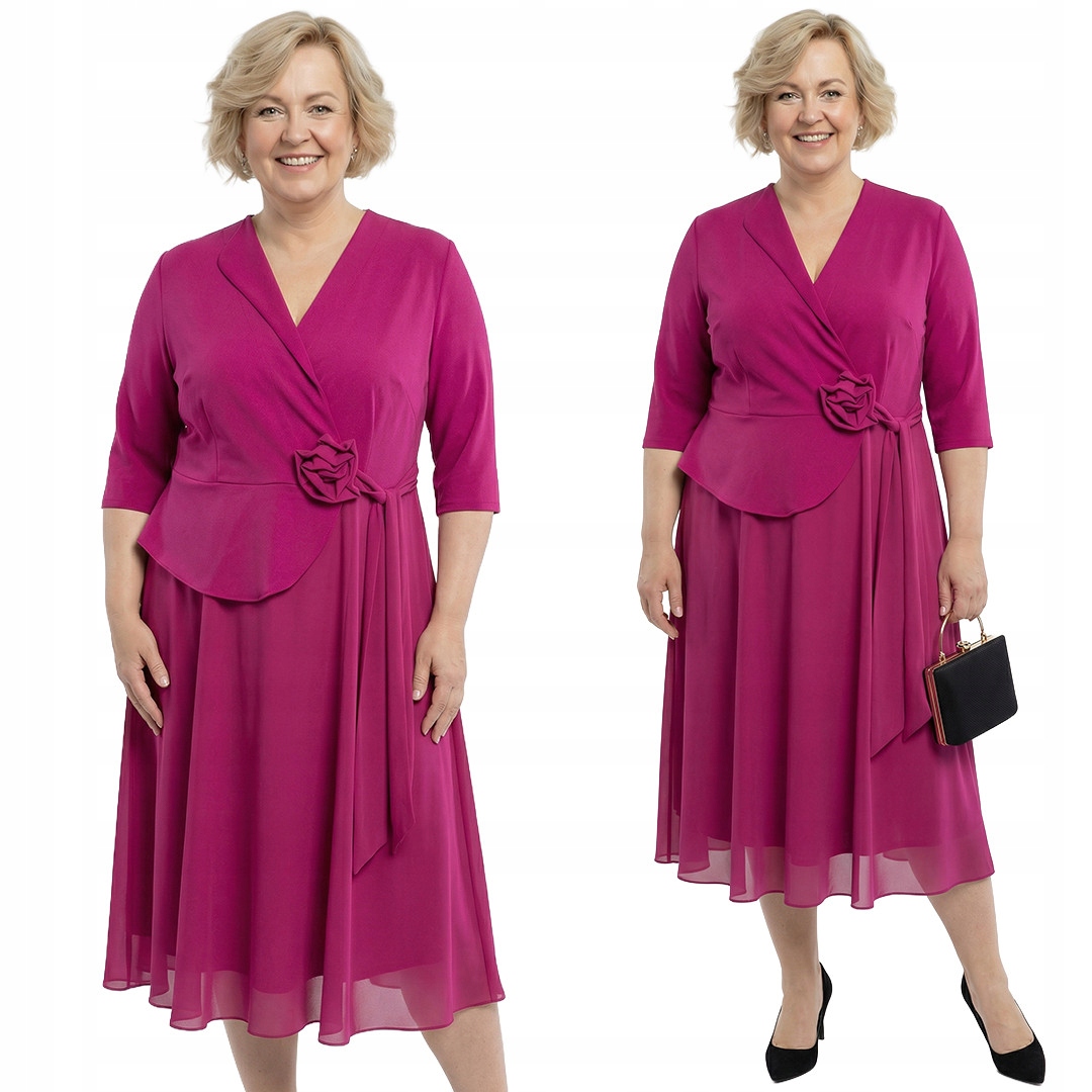 Sukienka w kolorze fuksji z różą plus size rozmiar 56