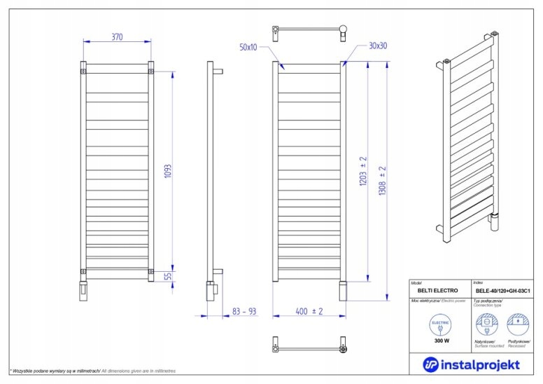 INSTAL PROJEKT BELTI grzejnik elektryczny 40x120cm Wysokość 400 mm