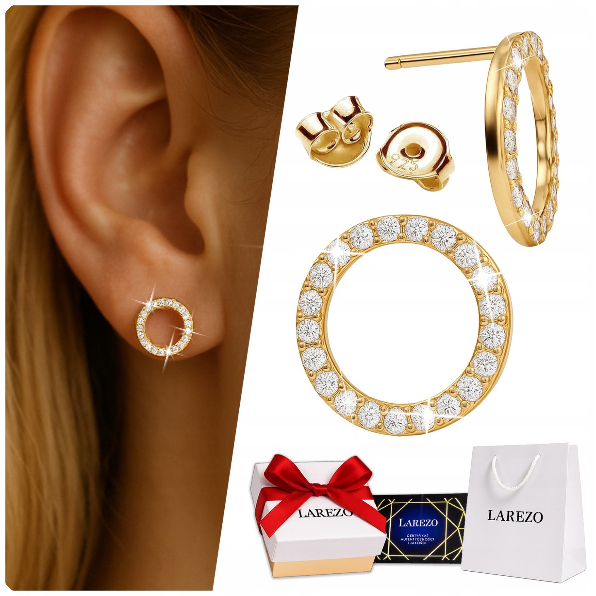 Zlaté elegantní Kruhové Náušnice se Zirkony Kulaté kruhy Stříbro 925