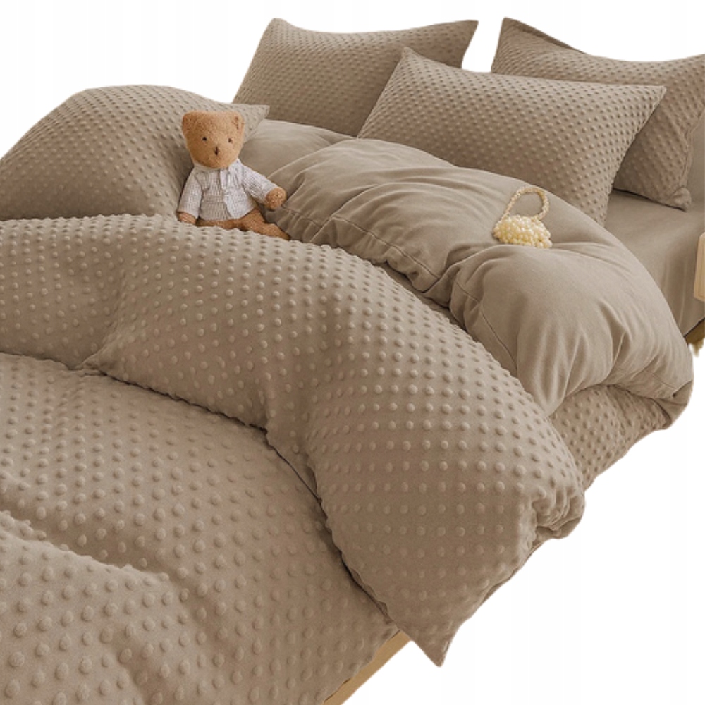Pościel 200x220 pluszowa polarowa Minky miś kropki 3D zimowa ciemna beżowa
