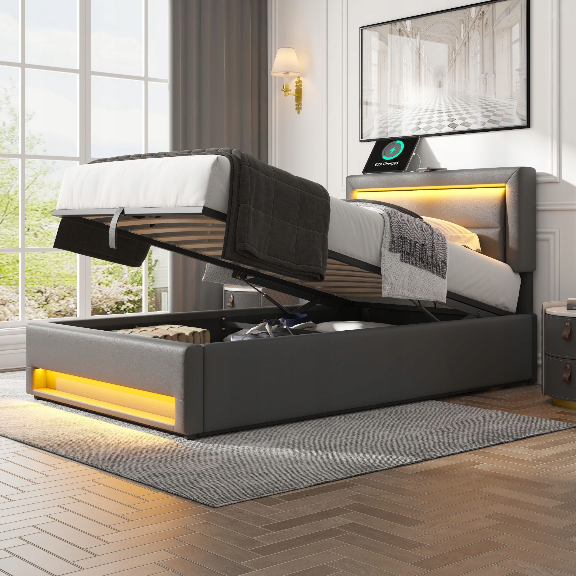 Čalouněná postel 90 x 200 cm s Usb Led portem a úložným prostorem Pu, šedá