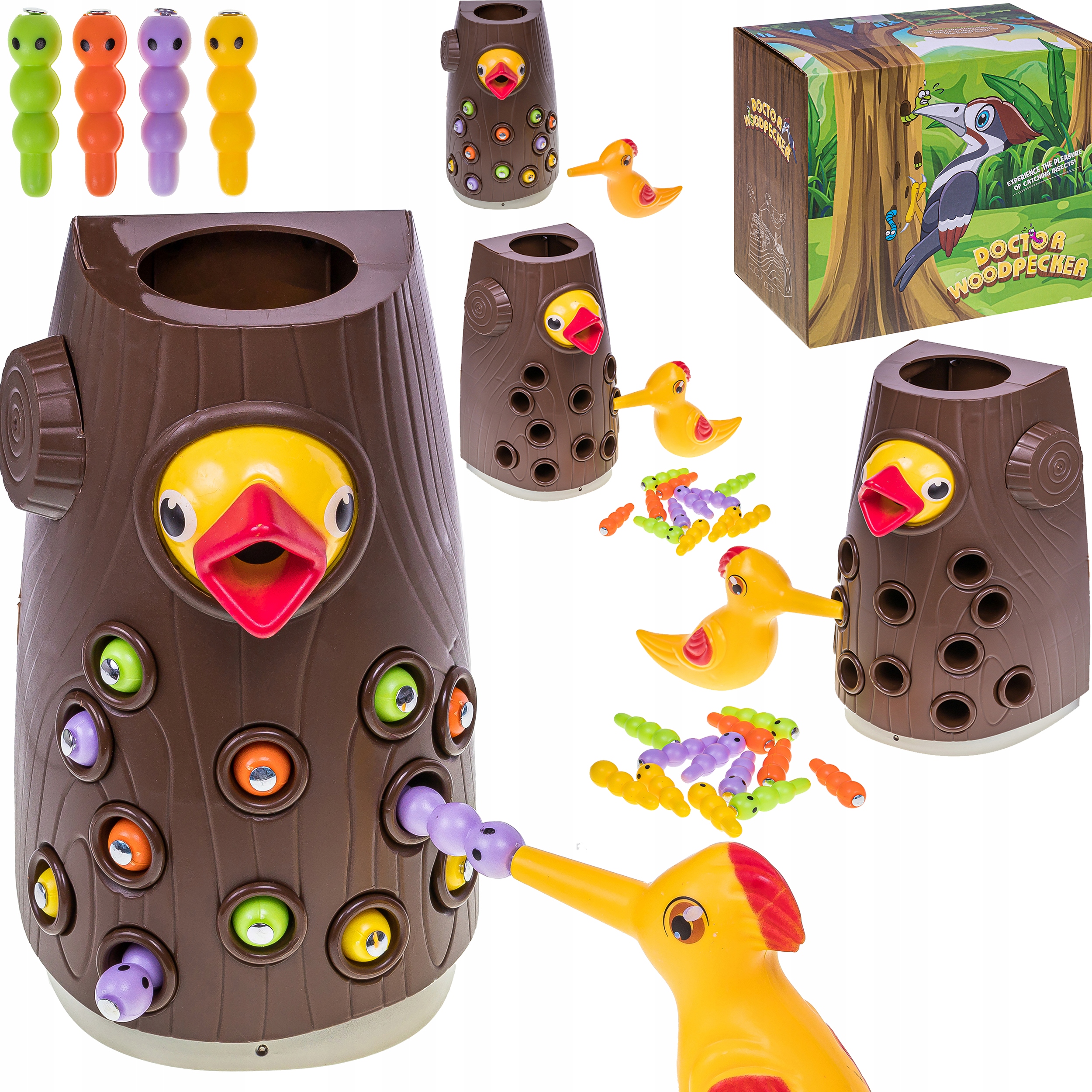 MAGNETYCZNA GRA ZRĘCZNOŚCIOWA NAKARM PTASZKA MONTESSORI DZIĘCIOŁ I ROBACZKI