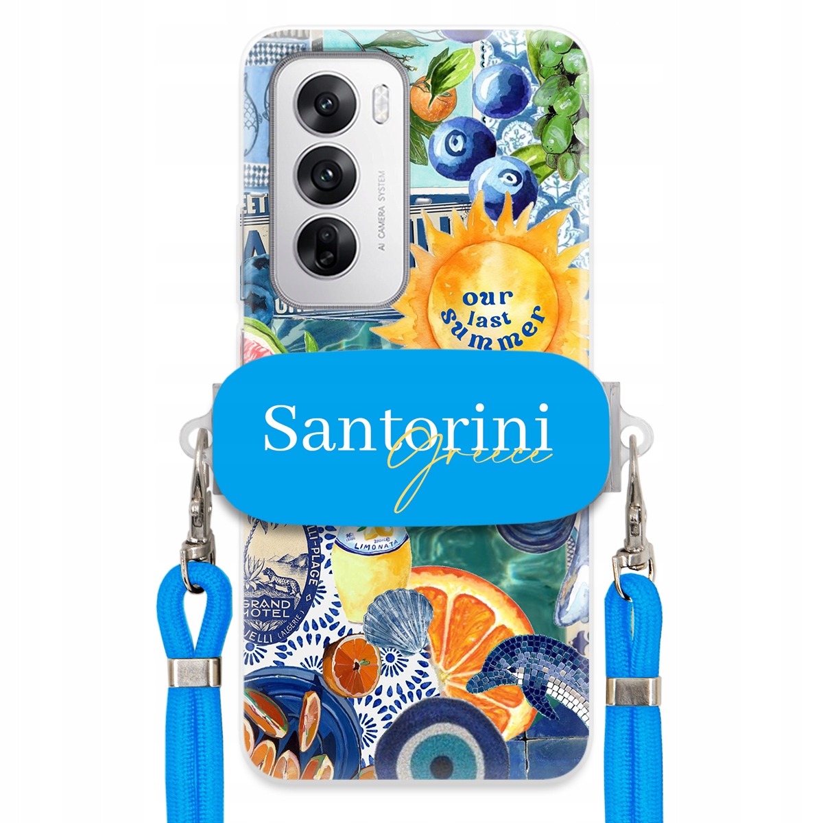 Puzdro pre Oppo Reno 12 5G Modré Crossbody vodítko držiak Santorini Greece