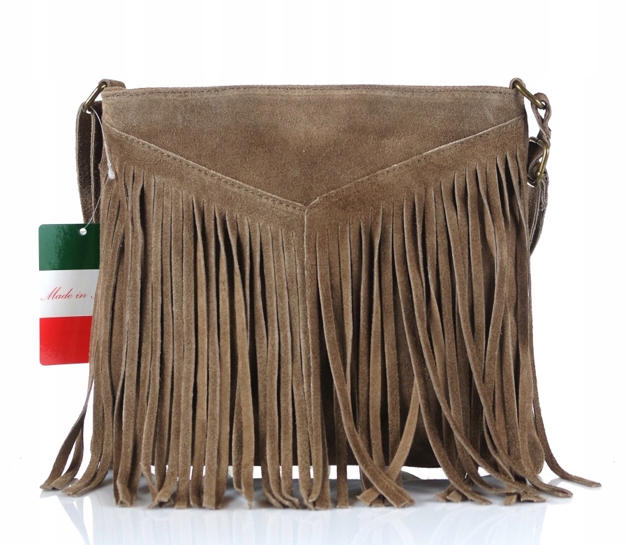 Vera Pelle Italy Zamszowa listonoszka na pasku Frędzle Boho Taupe S37