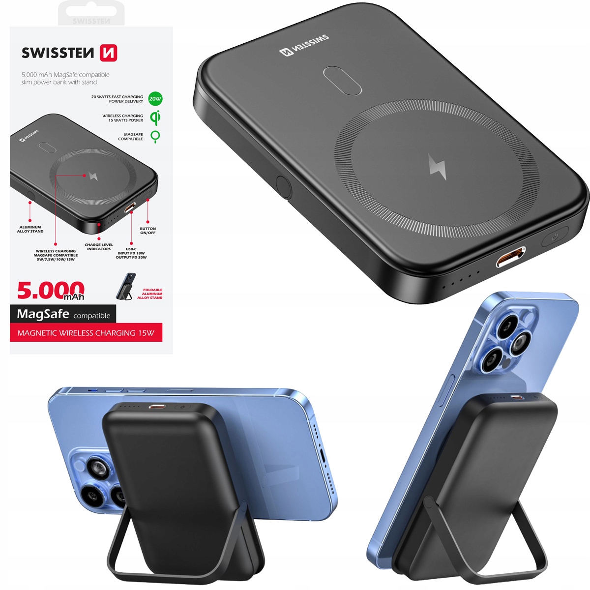 Powerbank 5000 mAh 20W Usb-c ładowanie bezprzewodowe Qi 15 W Swissten