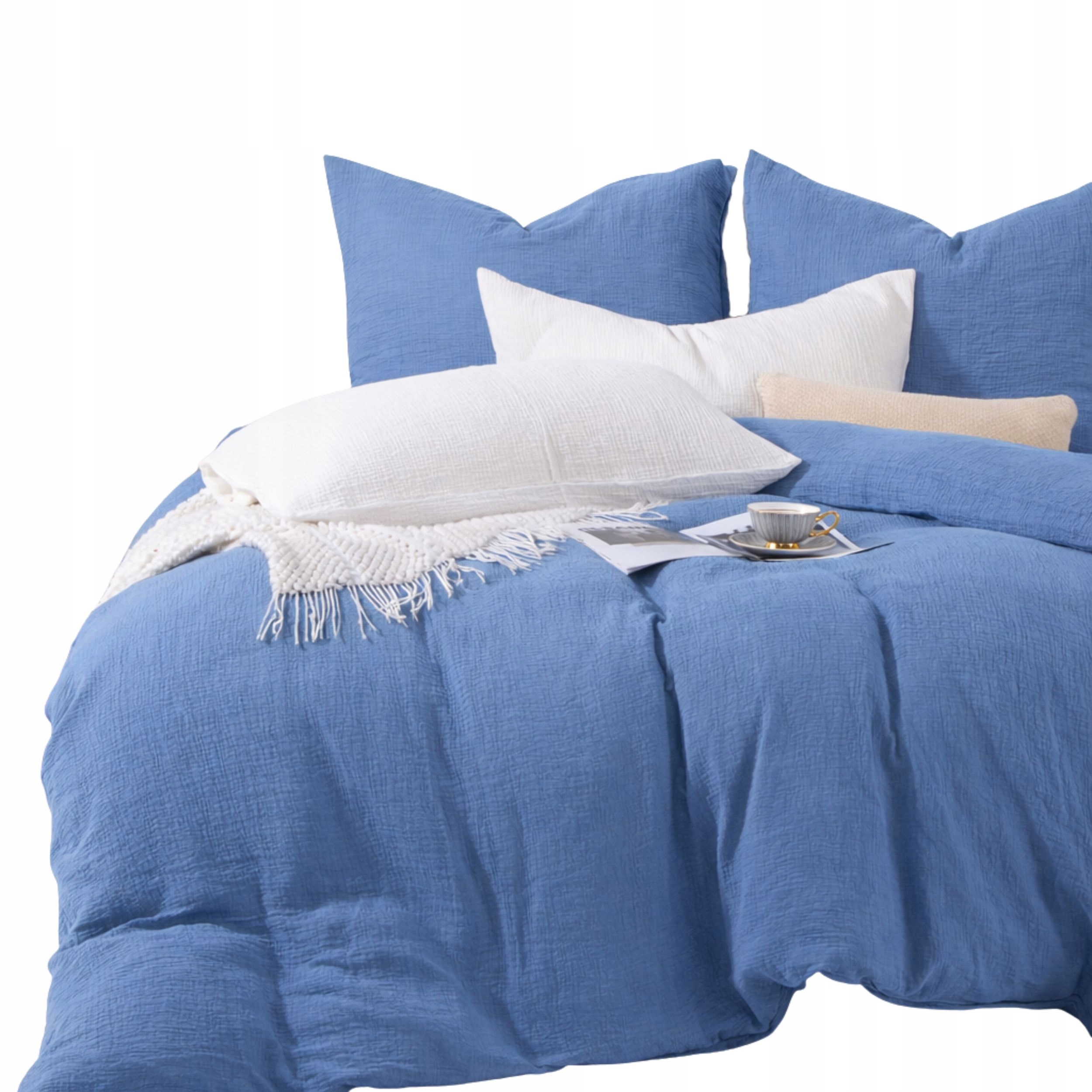 Pościel Bawełniana Muślin 160x200 Komplet Delikatna Oddychająca Niebieska