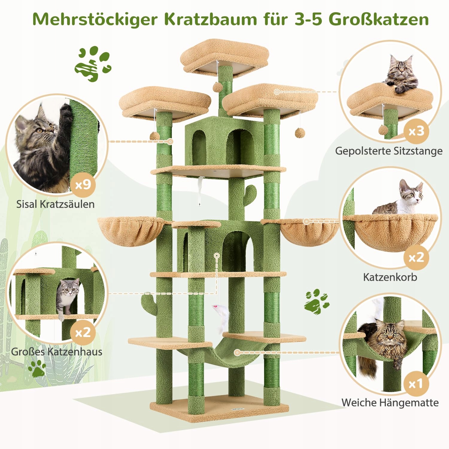GLOBLAZER Drapak Kaktus Zielony XXL 203 cm 3 Legowiska 2 Domki 2 Kosze — miniatura 4