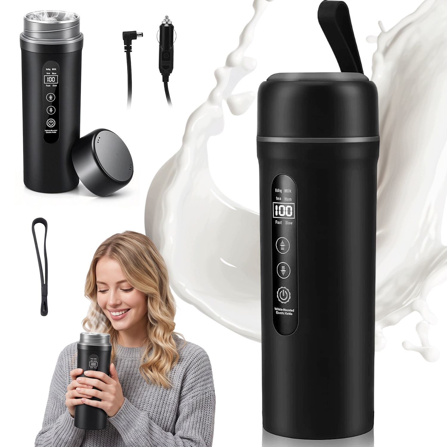 Topný Hrnek 12V 24V Usb-c 500ML Ocel 316 LCD Černý Do Auta