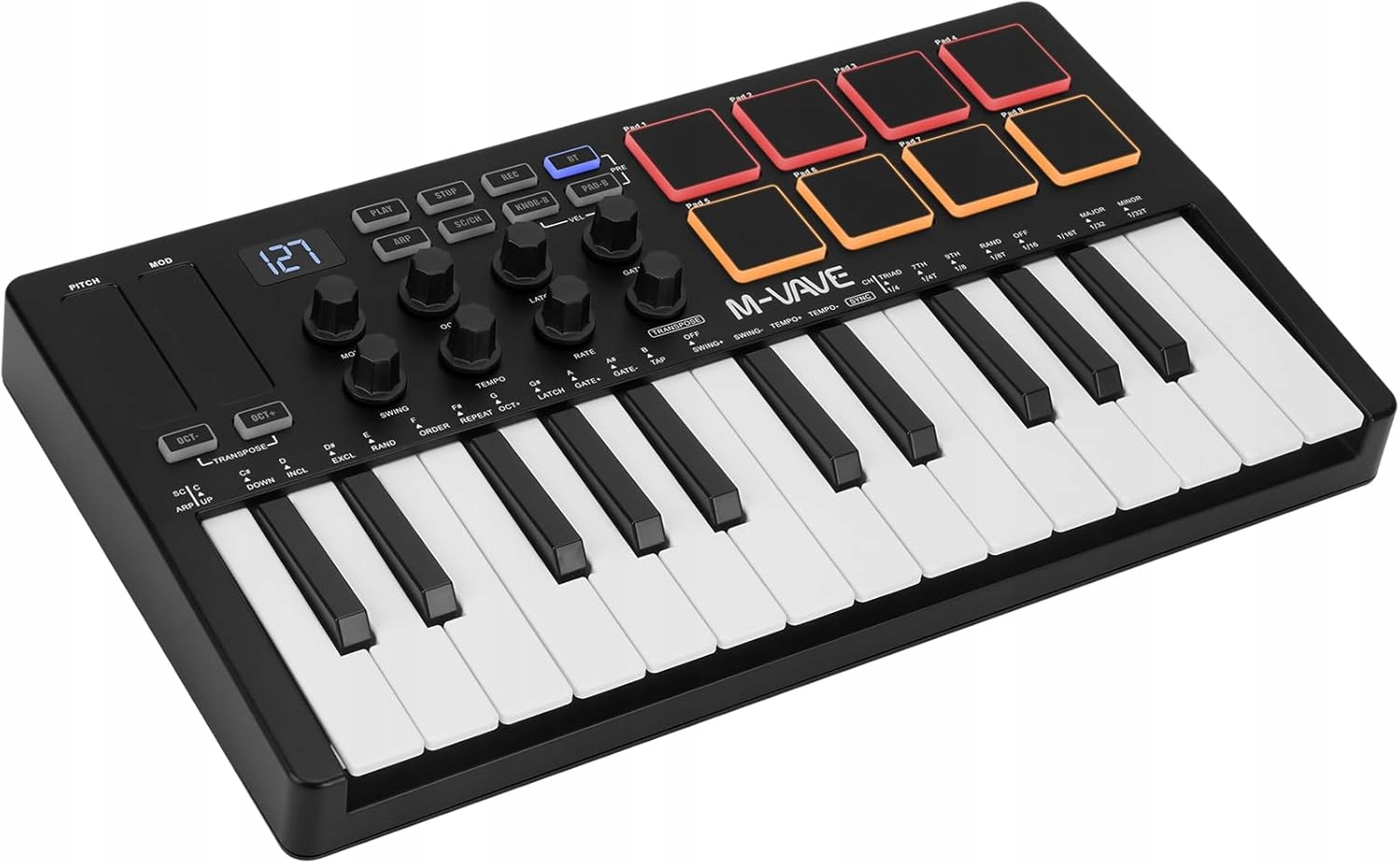 M-vave K5 MIDI 25 kláves, 8 Rgb padů, Bt 16h, Daw SmartChord kytara/klávesy, černo-bílý