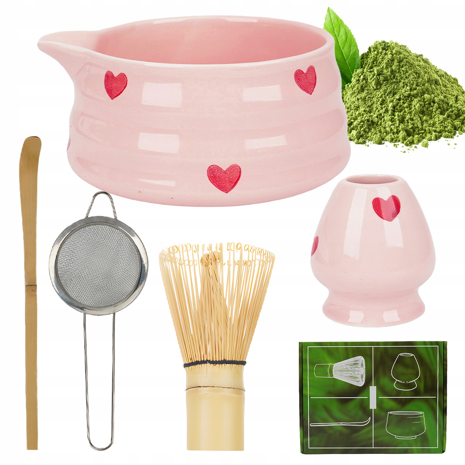 Levně Matcha Sada S Keramickou Bambusovou Miskou, Stojan Na Sítko, Růžová