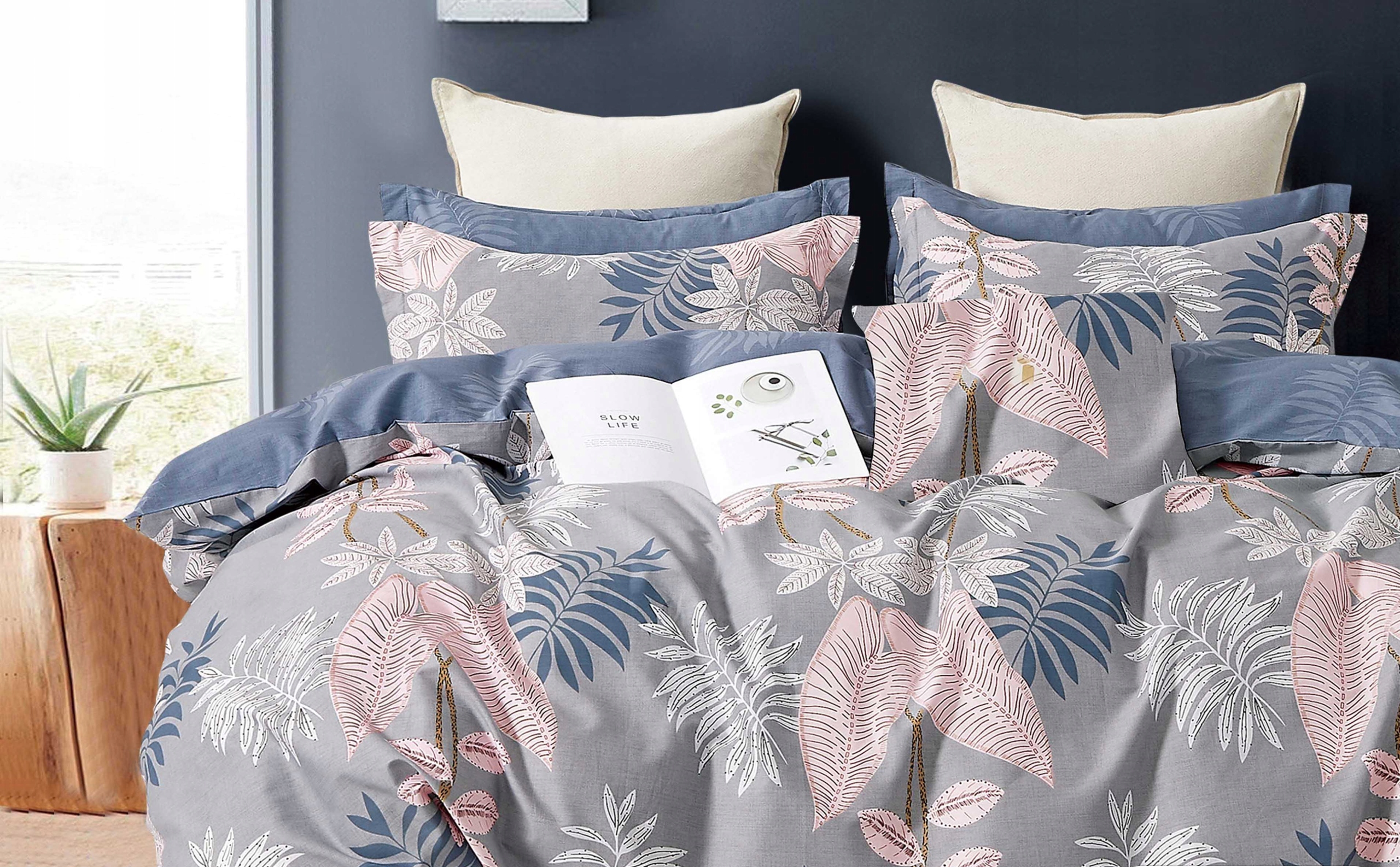 2 szt. Pastelowe liście botaniczne, szara baza, bawełniany komplet poszewek na kołdrę 140x200 cm