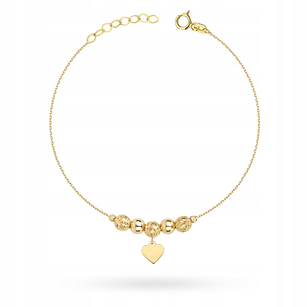 Zlatý Náramek Dámský pr. 585 Jemné Srdce a Korálky 14k Krabička