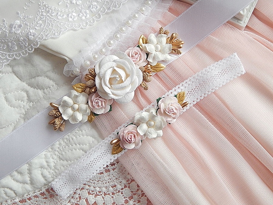 Kwiatowy zestaw do Chrztu OPASKA i PASEK do sukienki BELLA Rozmiar 68