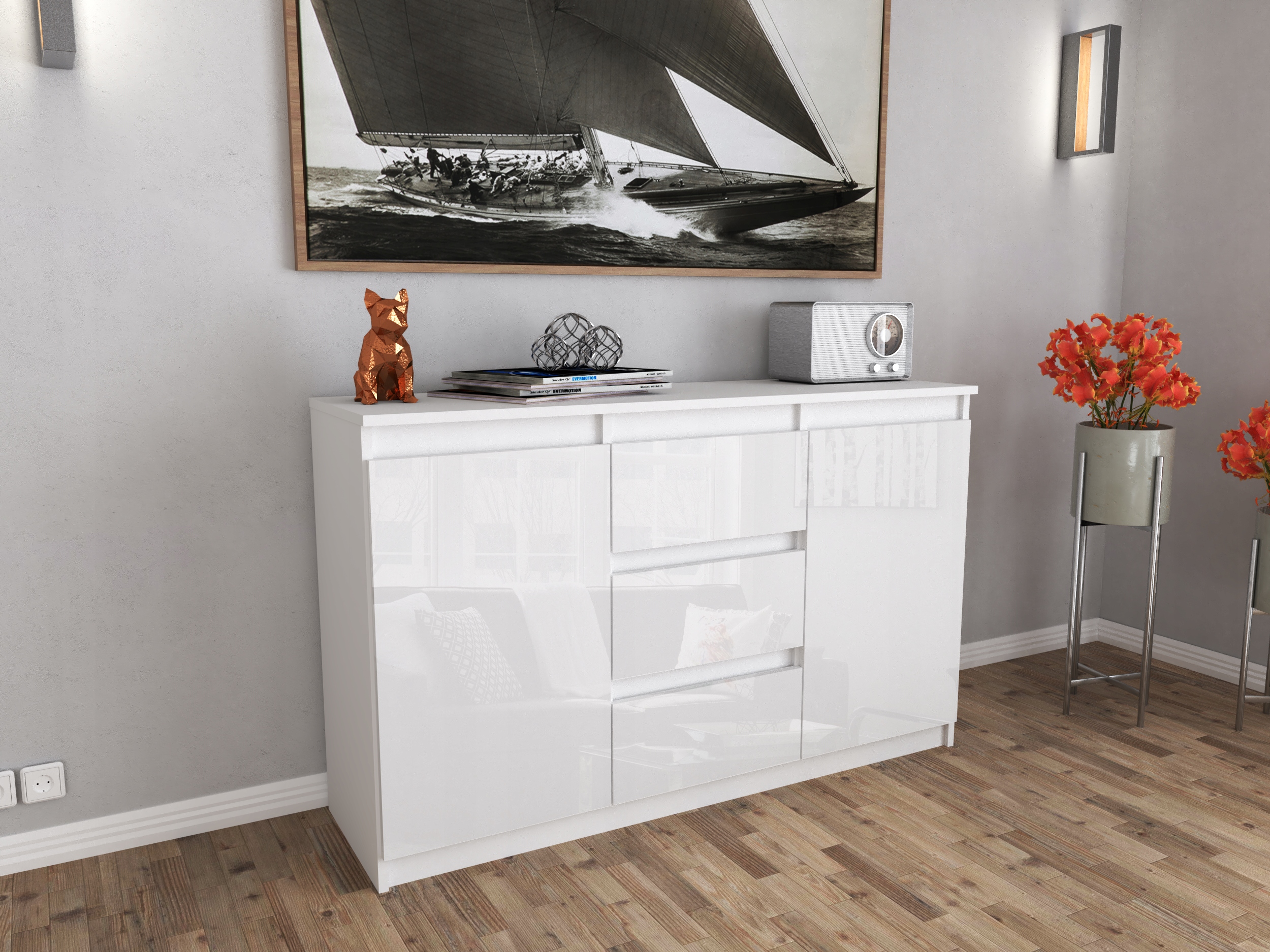 Komoda AGA 120CM BIAŁA/BIAŁY POŁYSK Pojemna Szafka 3 Szuflady MIX KOLORÓW Marka AZ team