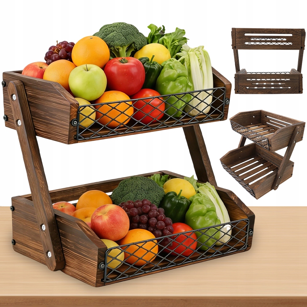 Košík na ovoce dvouúrovňový, hnědý, dřevěný, s kovovou konstrukcí