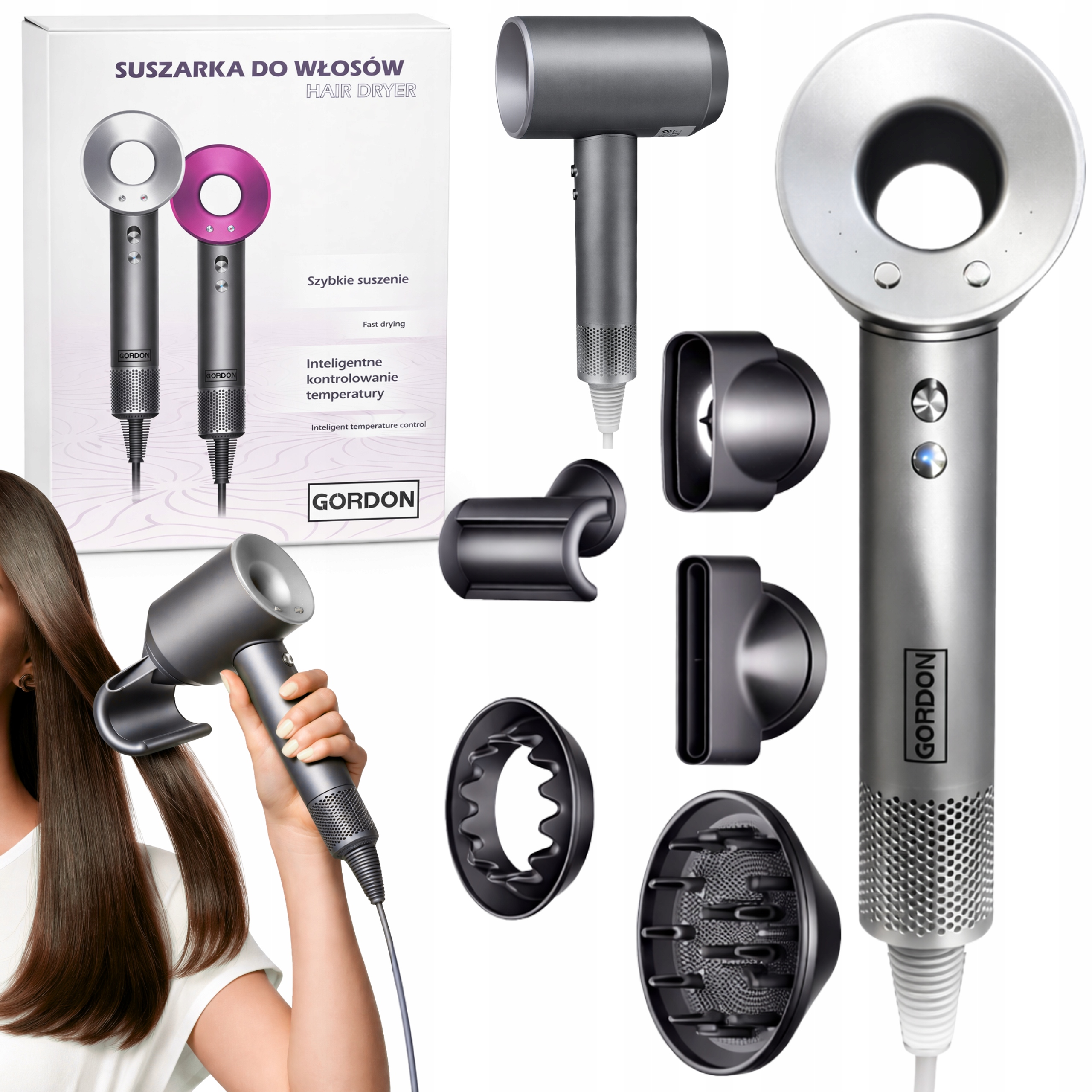 Suszarka Do Włosów Dryer Profesjonalna 6W1 1600 W Jonizacja Dyfuzor Srebrna