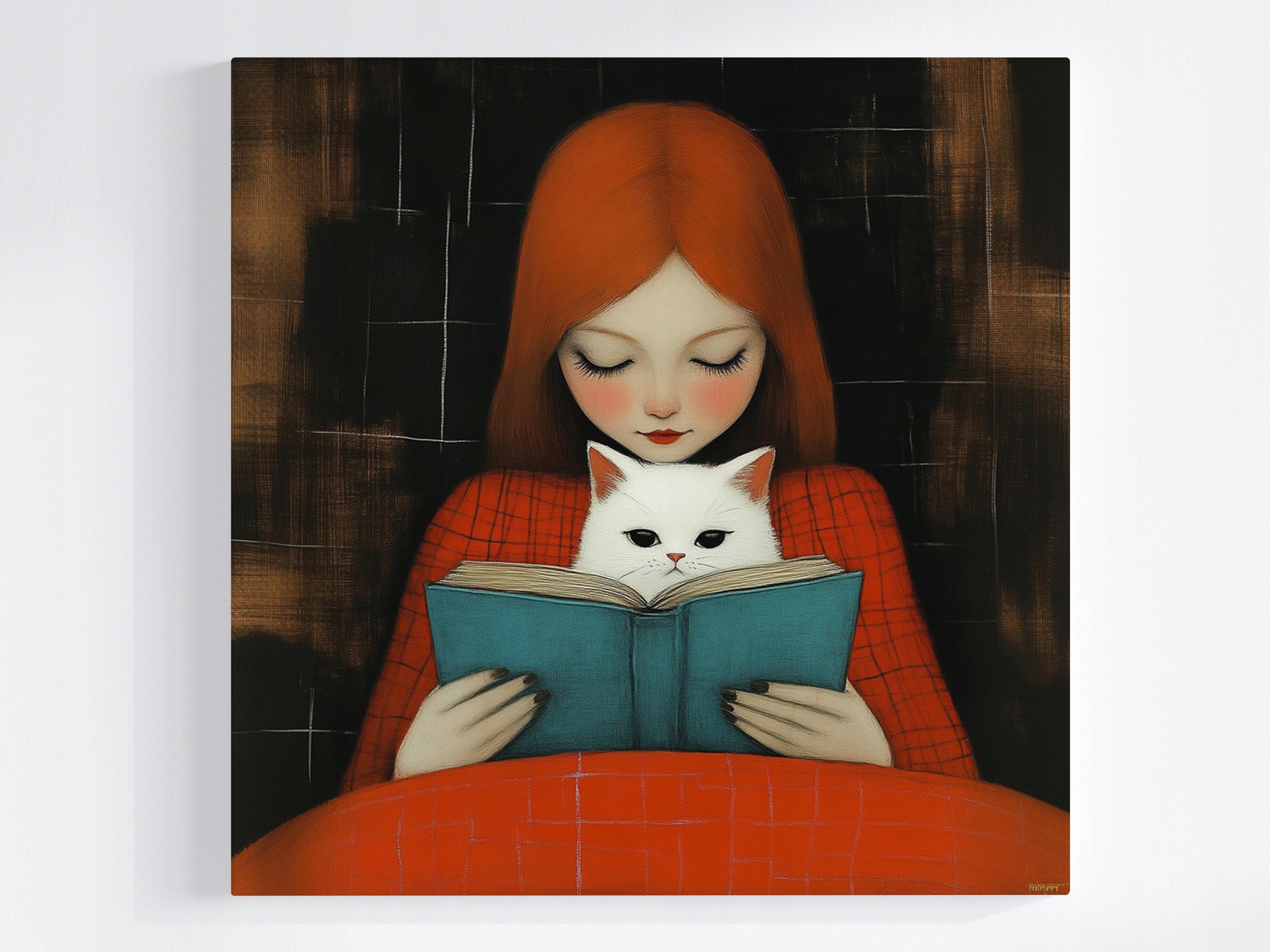 Obraz Na Plátně Canvas Rudá Dívka Kočka Kniha Čtení Přátelství 60x60