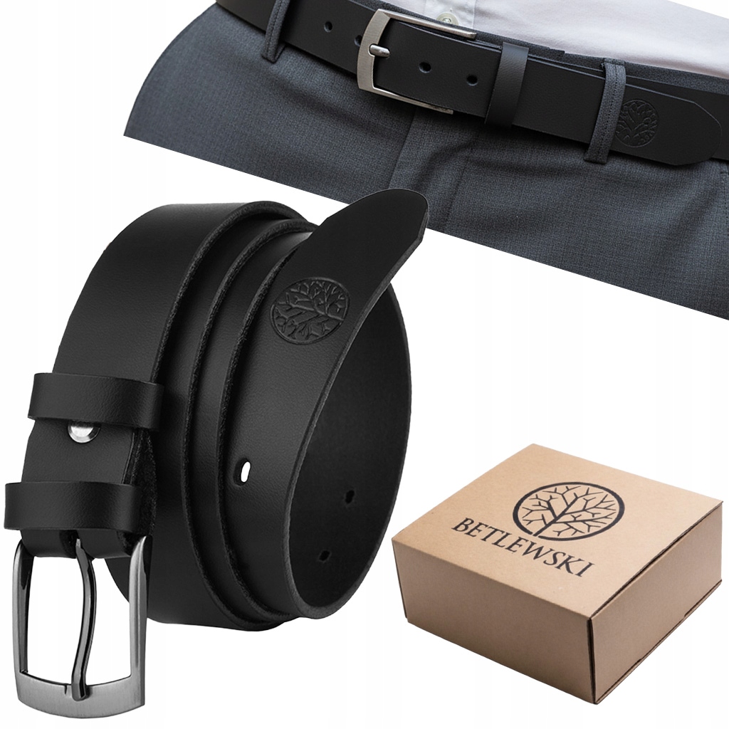 Pasek skórzany męski Betlewski spodni wąski czarny długość 150 cm